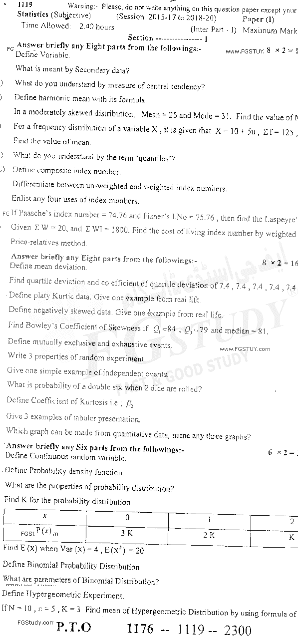 11th Class Statistics Past Paper 2019 Sargodha Board Subjective
