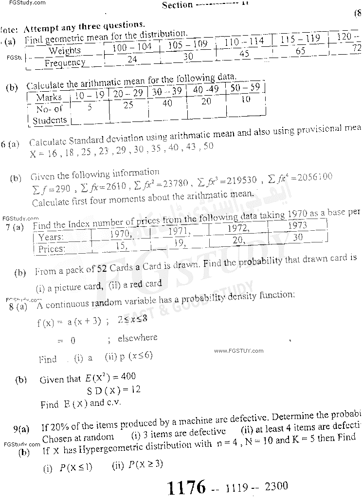11th Class Statistics Past Paper 2019 Sargodha Board Subjective