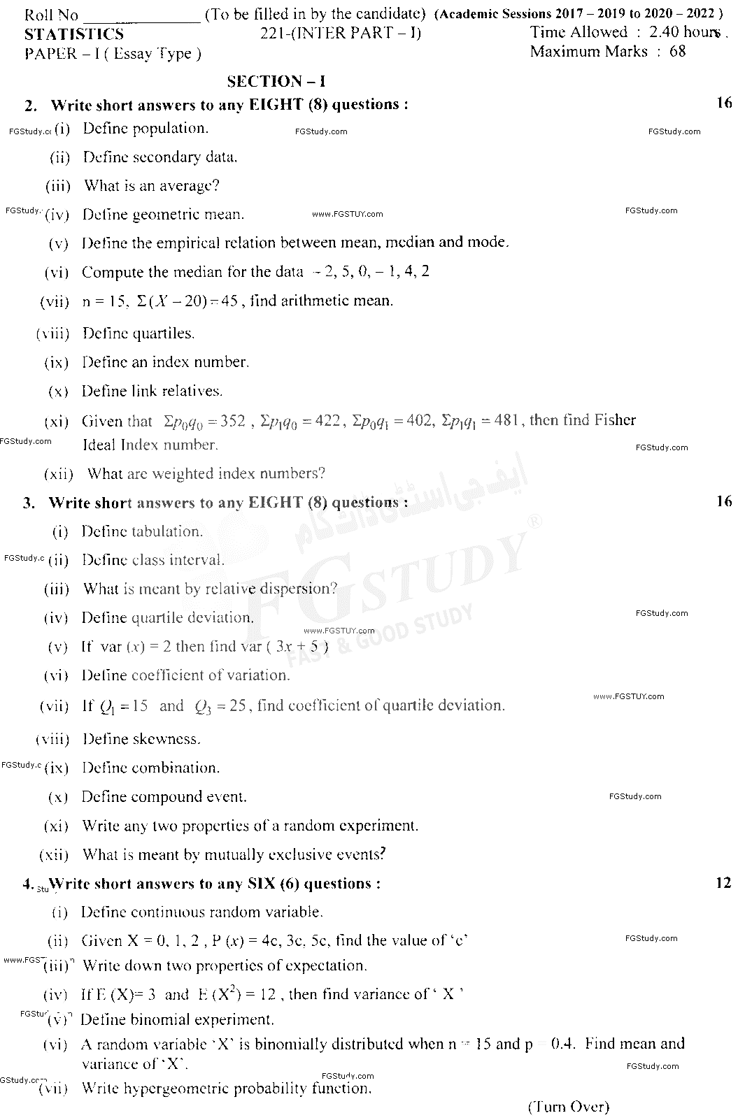 11th Class Statistics Past Paper 2021 Lahore Board Subjective