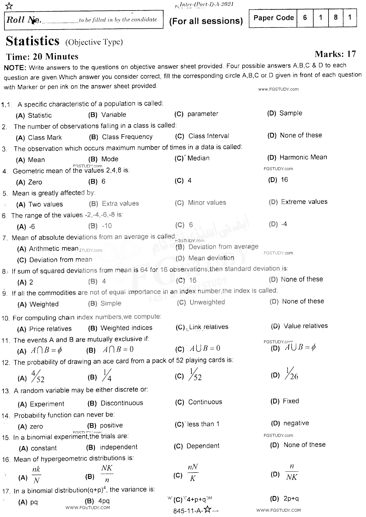 11th Class Statistics Past Paper 2021 Rawalpindi Board Objective