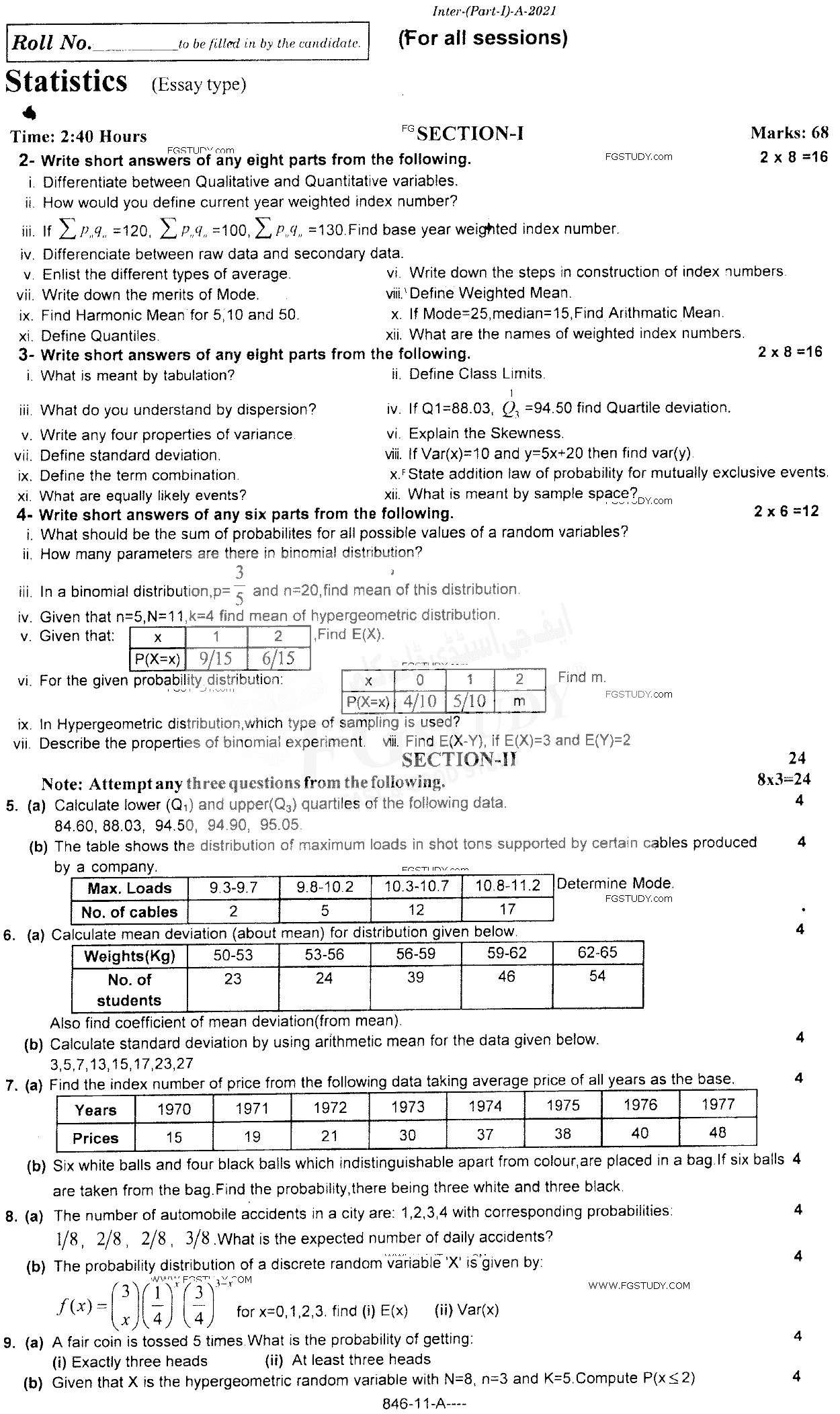 11th Class Statistics Past Paper 2021 Rawalpindi Board Subjective