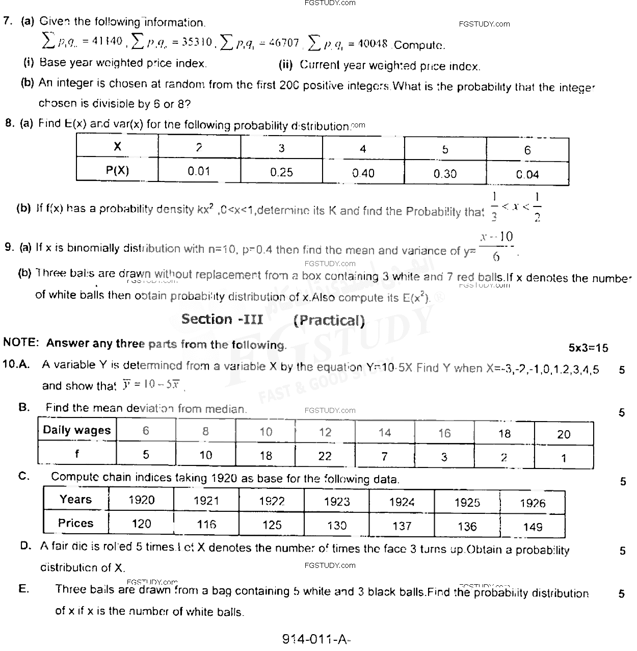 11th Class Statistics Past Paper 2021 Rawalpindi Board Subjective