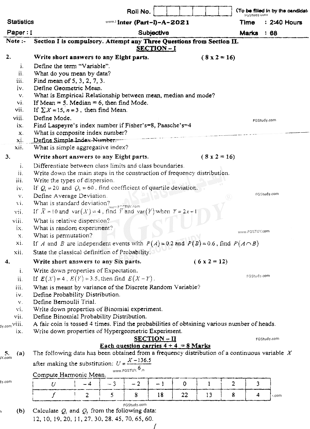 11th Class Statistics Past Paper 2021 Sahiwal Board Subjective