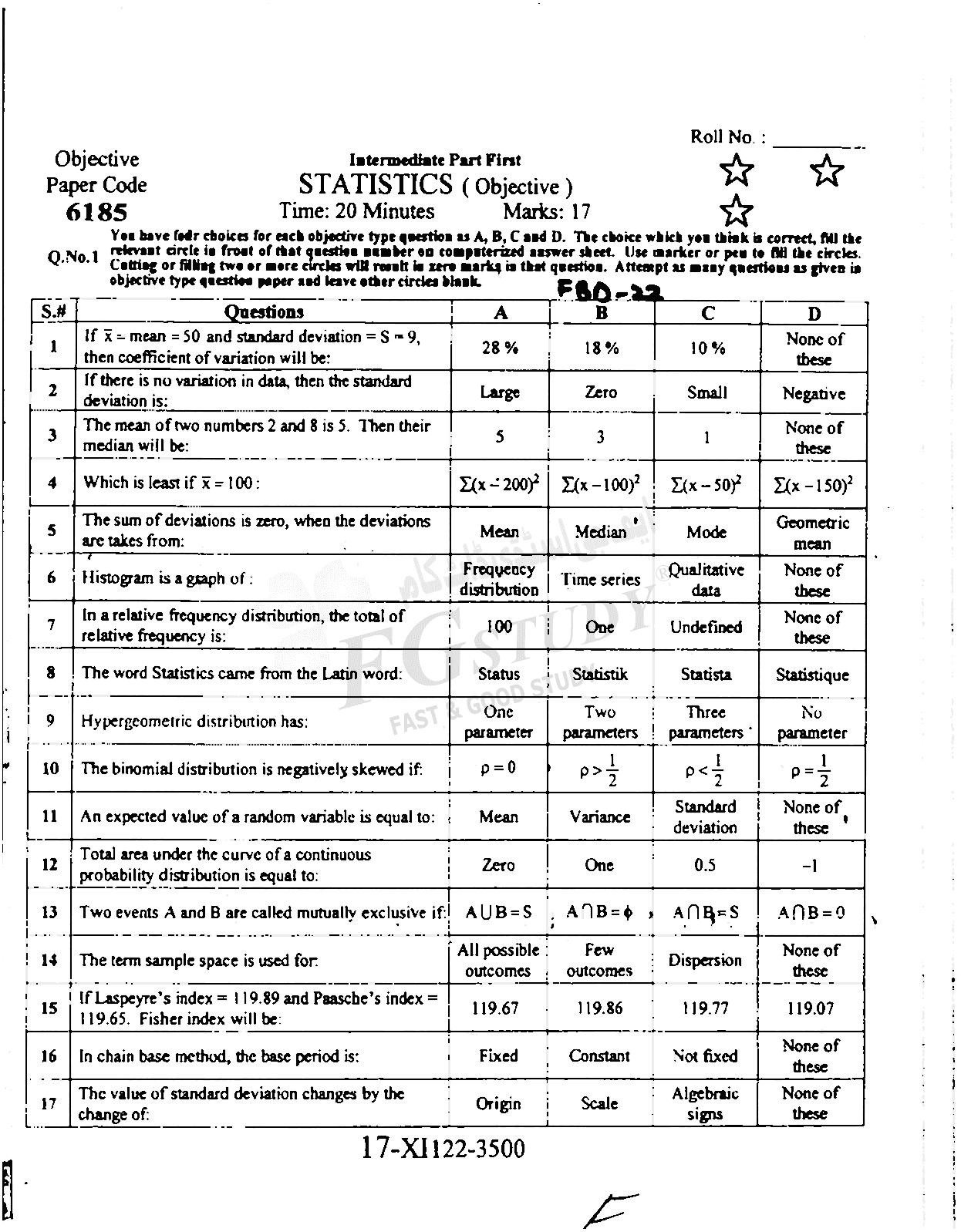 11th Class Statistics Past Paper 2022 Faisalabad Board Objective
