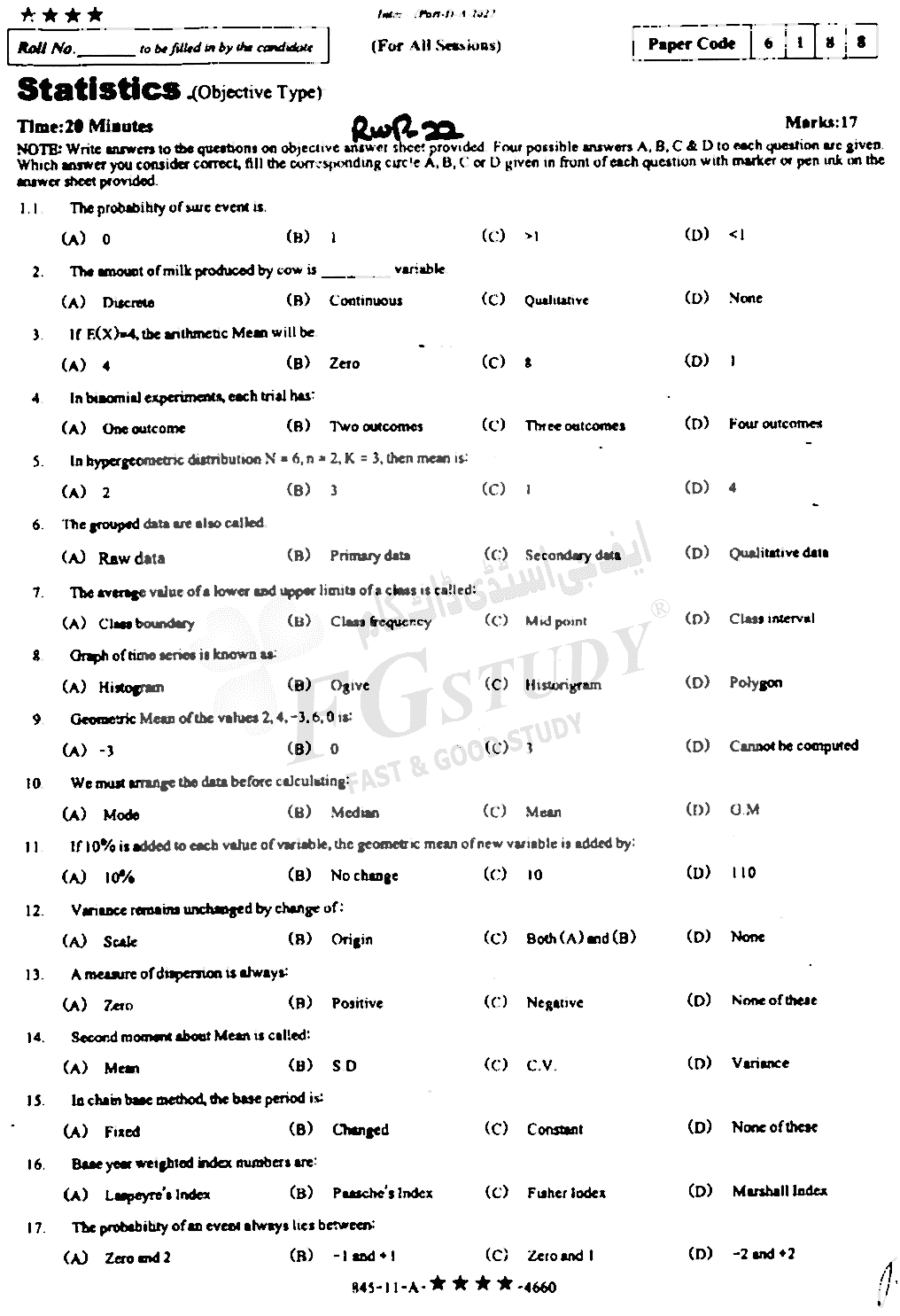 11th Class Statistics Past Paper 2022 Rawalpindi Board Objective