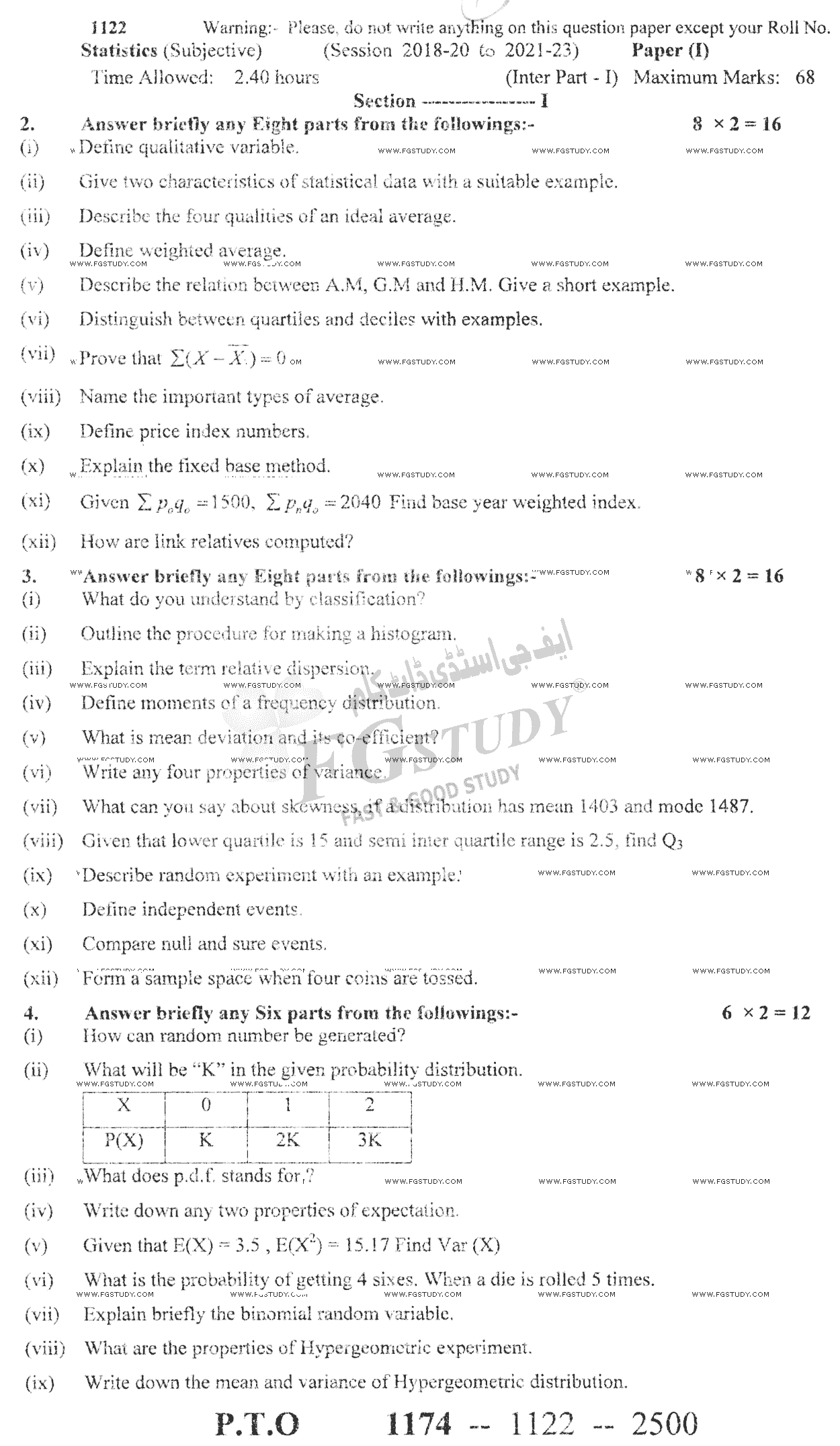 11th Class Statistics Past Paper 2022 Sargodha Board Subjective