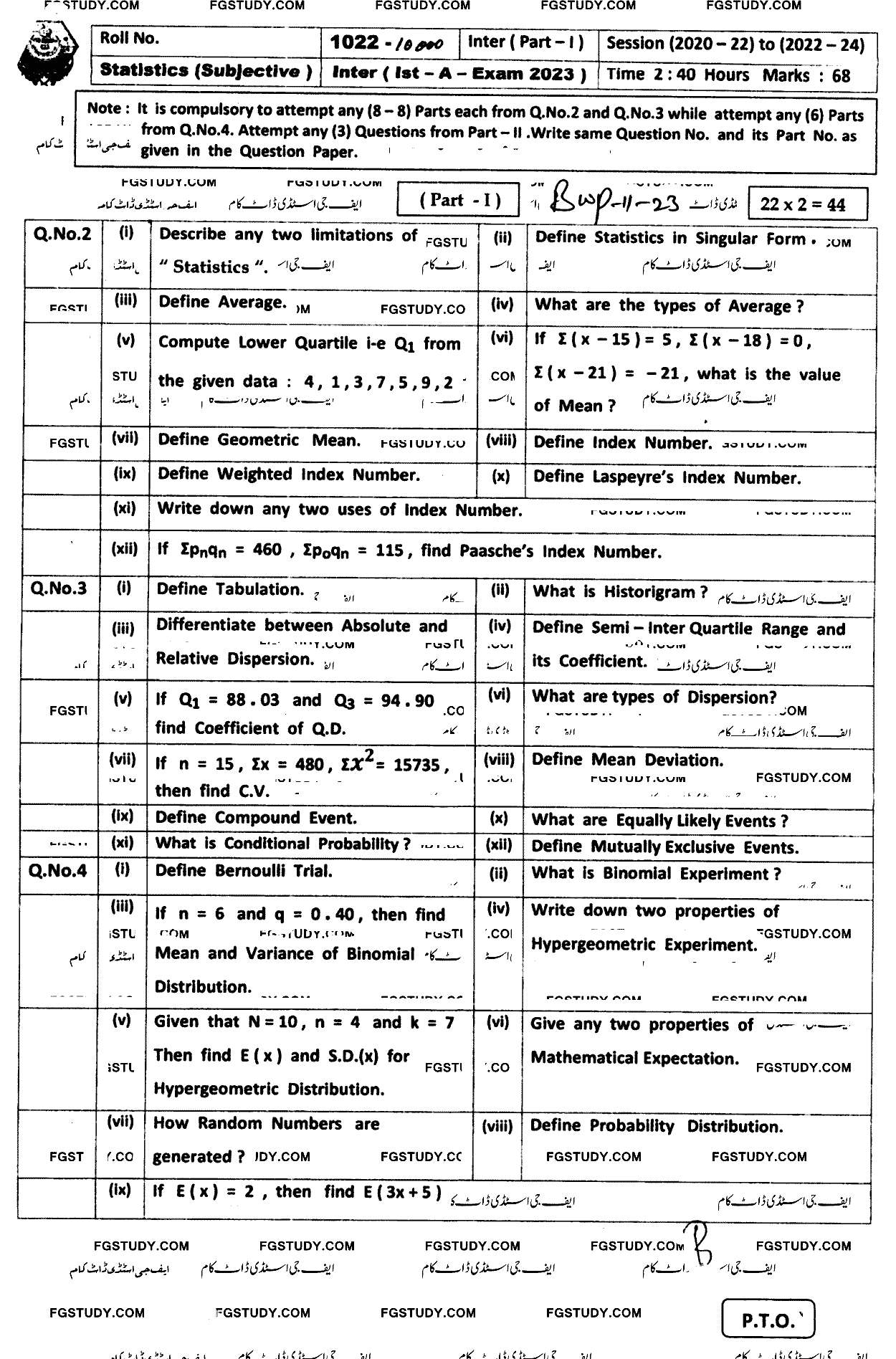 11th Class Statistics Past Paper 2023 Bahawalpur Board Subjective