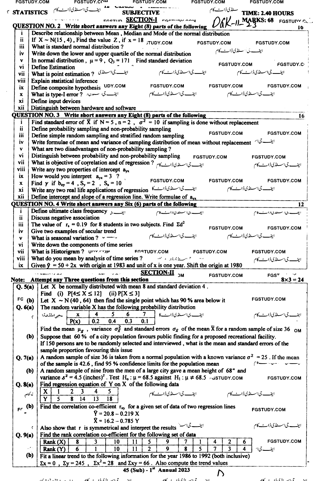 11th Class Statistics Past Paper 2023 Dg Khan Board Subjective