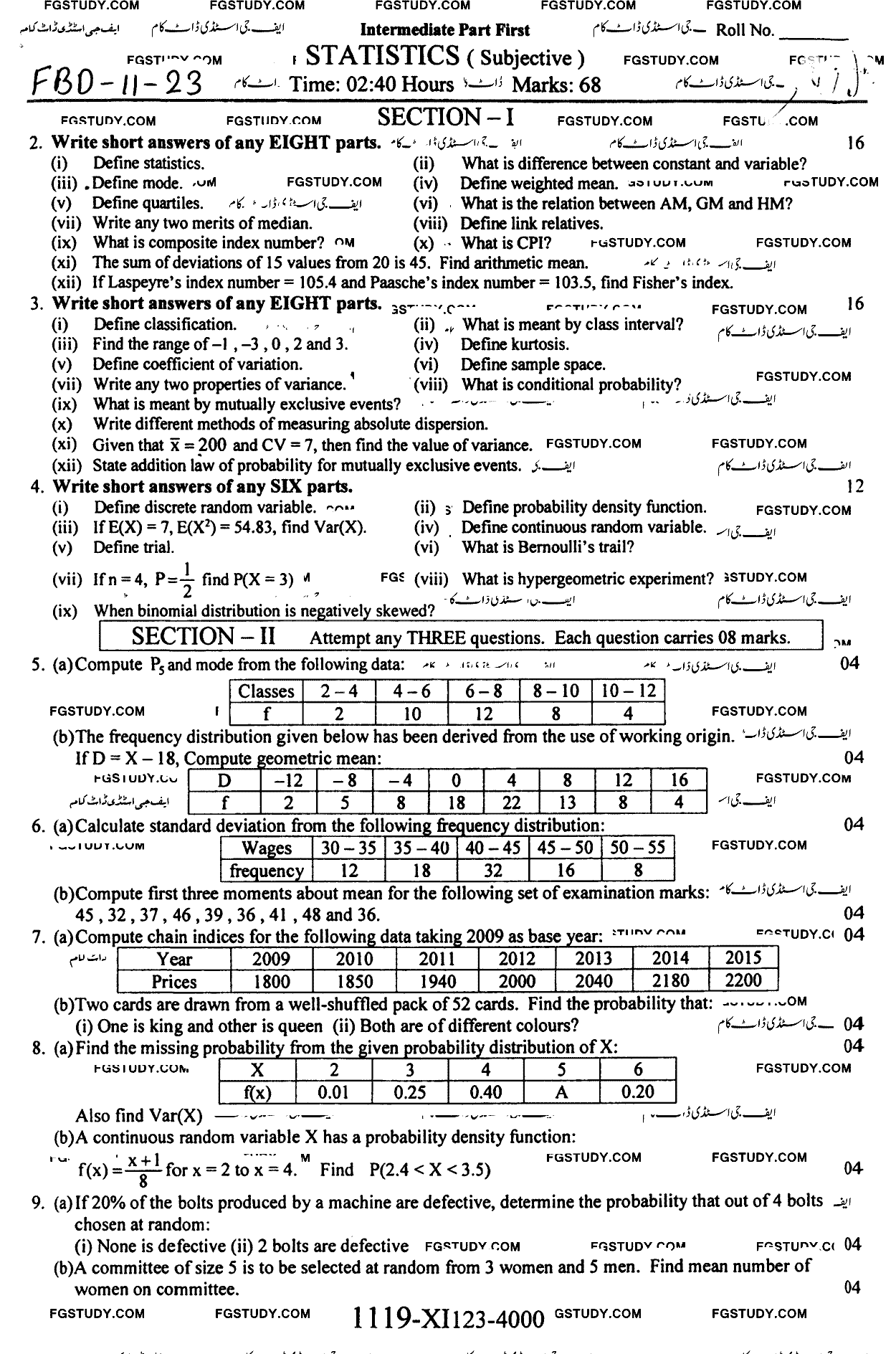 11th Class Statistics Past Paper 2023 Faisalabad Board Subjective