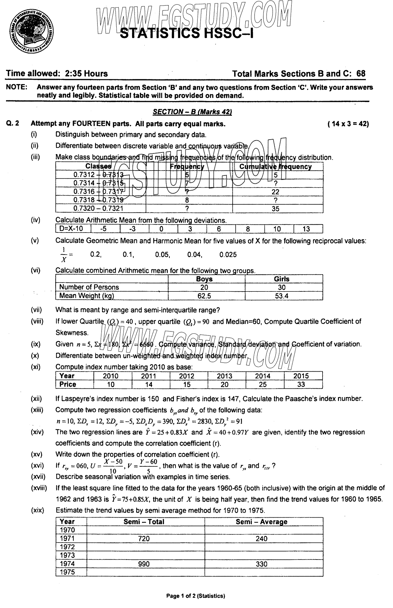 11th Class Statistics Past Paper 2023 Federal Board Islamabad Subjective