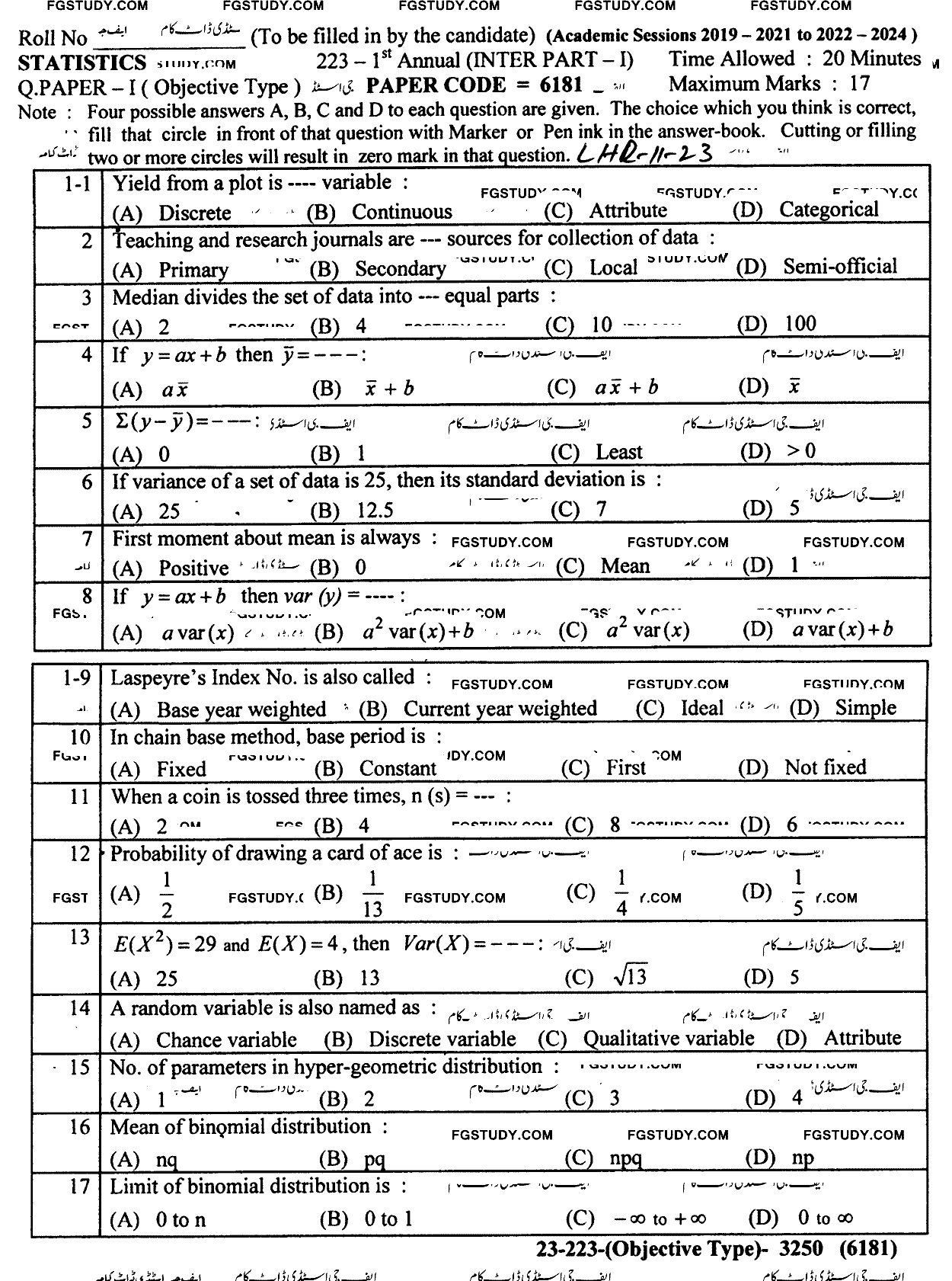 11th Class Statistics Past Paper 2023 Lahore Board Objective