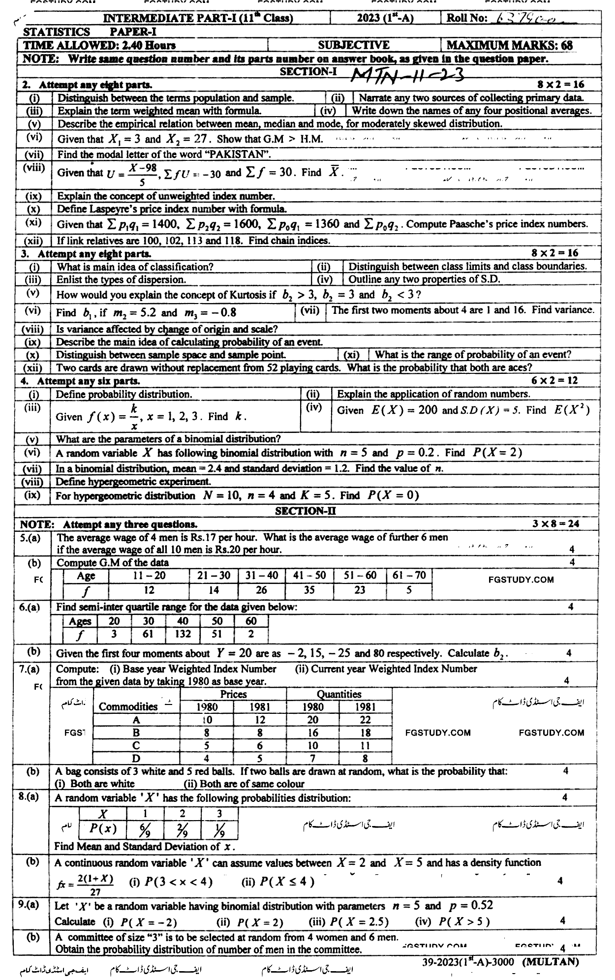 11th Class Statistics Past Paper 2023 Multan Board Subjective