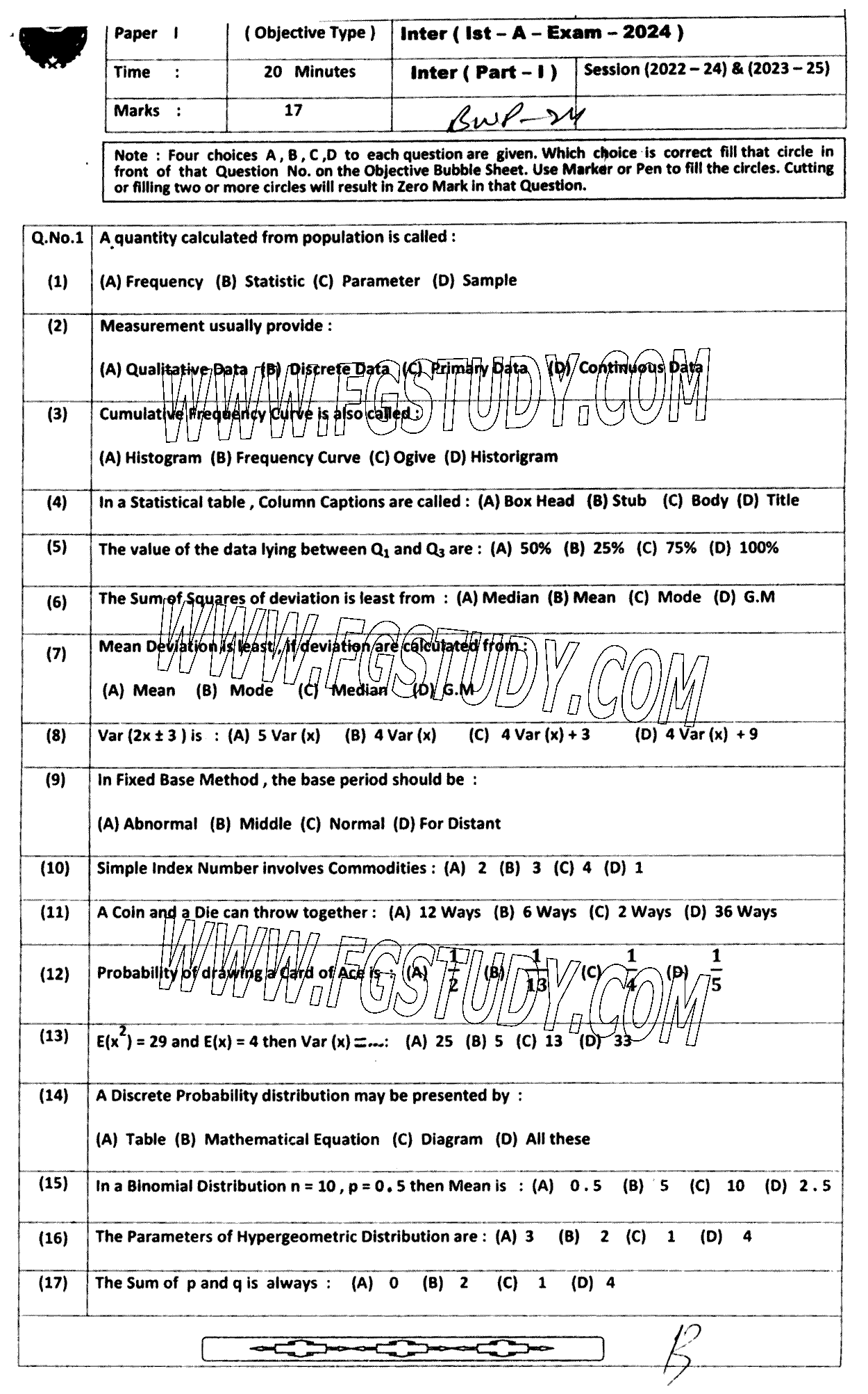 11th Class Statistics Past Paper 2024 Bahawalpur Board Objective