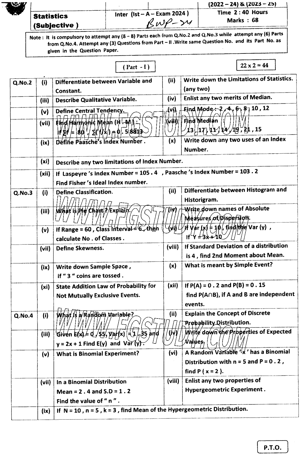 11th Class Statistics Past Paper 2024 Bahawalpur Board Subjective