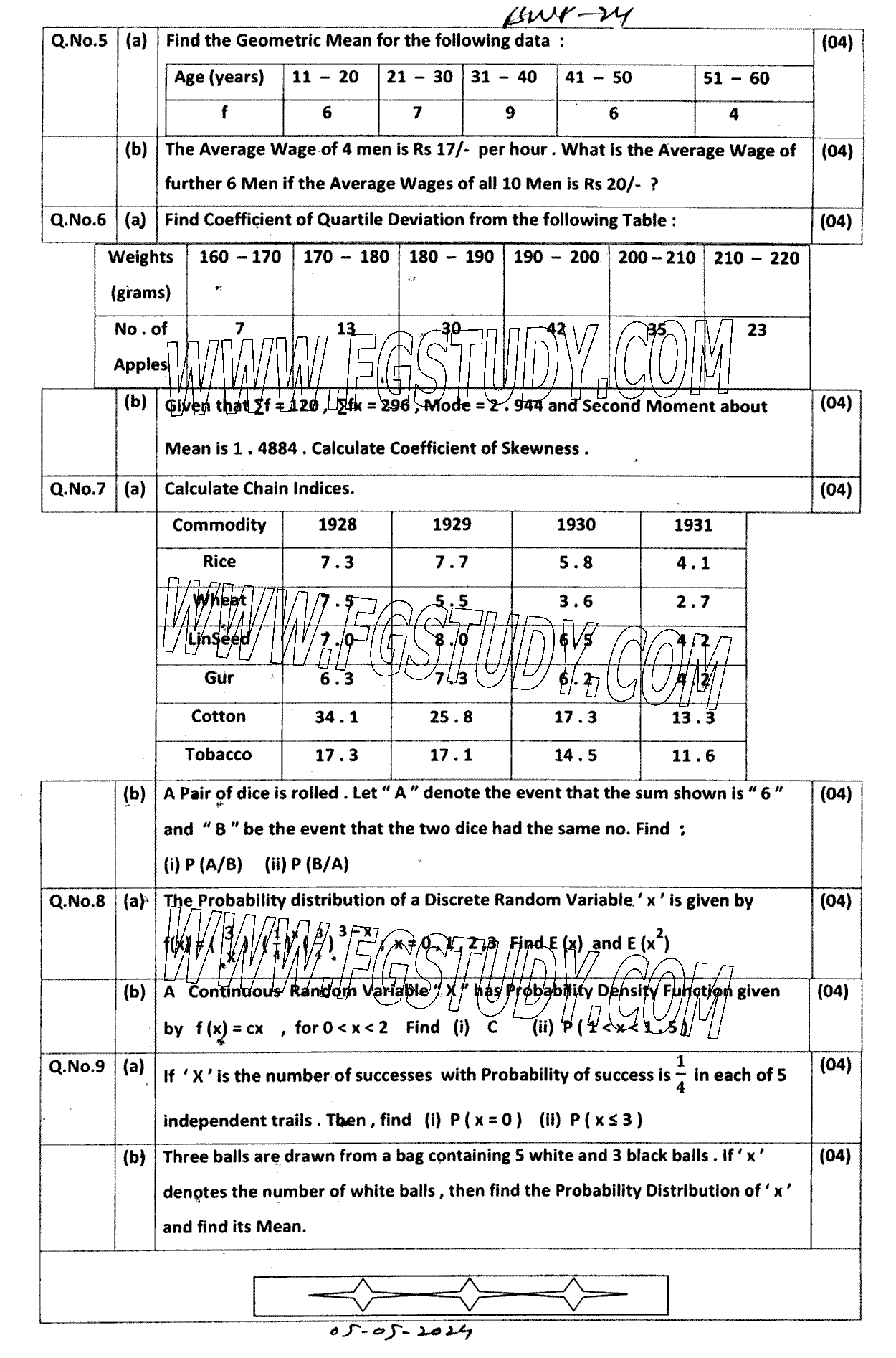 11th Class Statistics Past Paper 2024 Bahawalpur Board Subjective