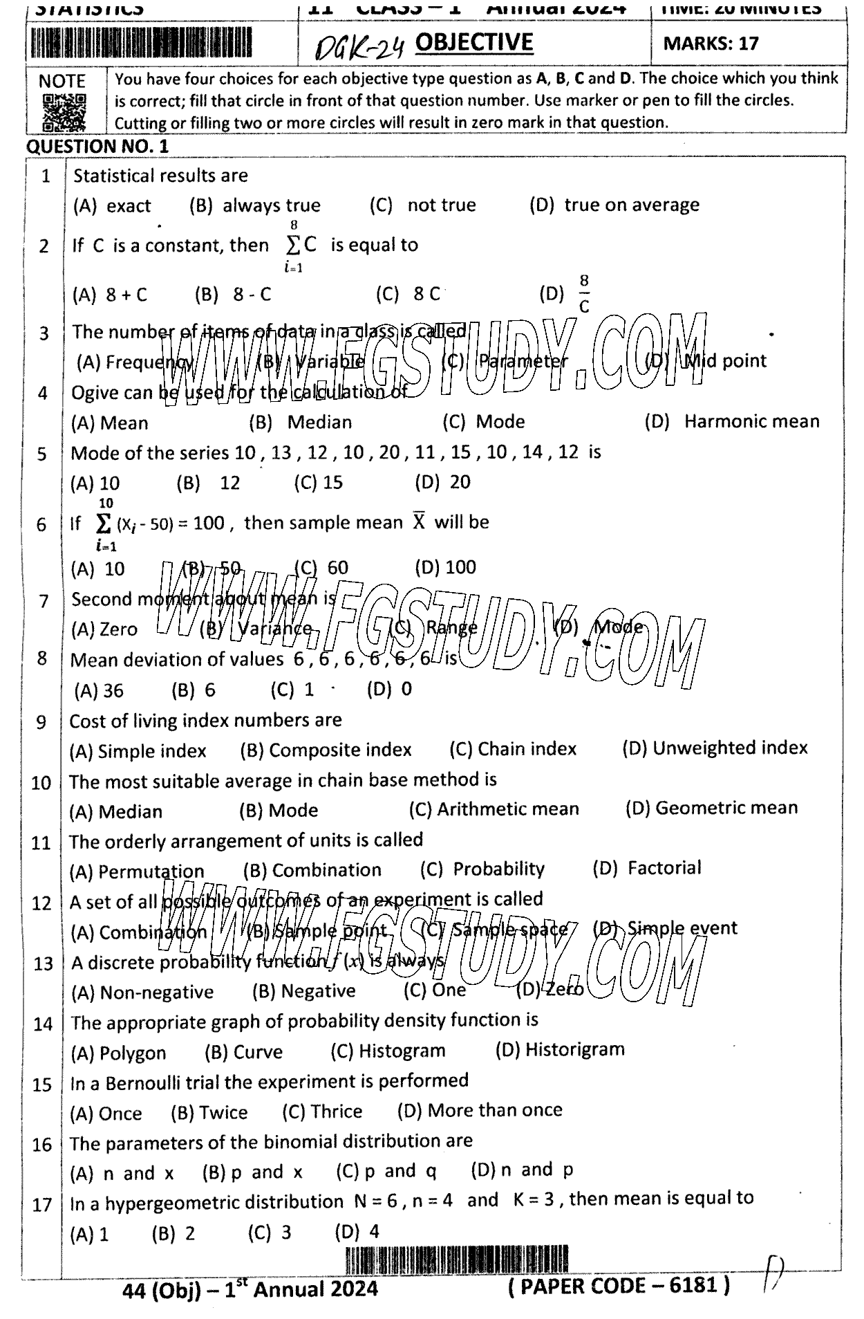 11th Class Statistics Past Paper 2024 Dg Khan Board Objective