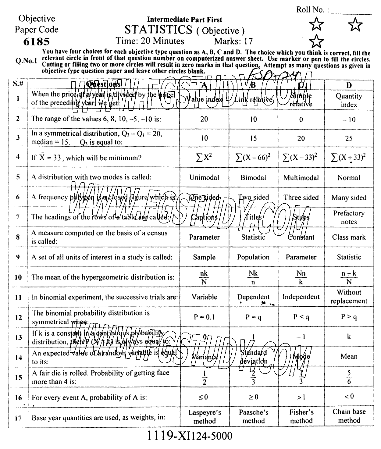 11th Class Statistics Past Paper 2024 Faisalabad Board Objective
