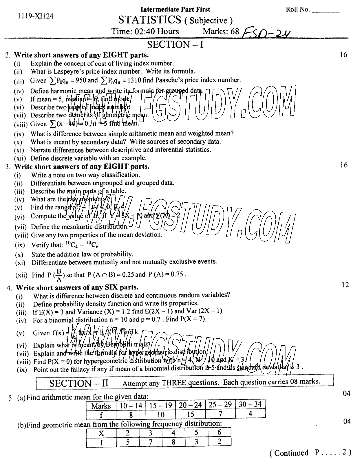11th Class Statistics Past Paper 2024 Faisalabad Board Subjective