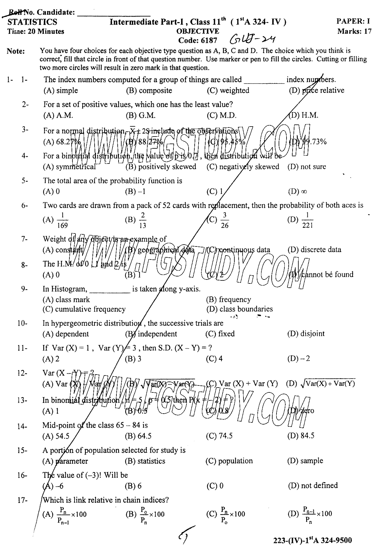 11th Class Statistics Past Paper 2024 Gujranwala Board Objective