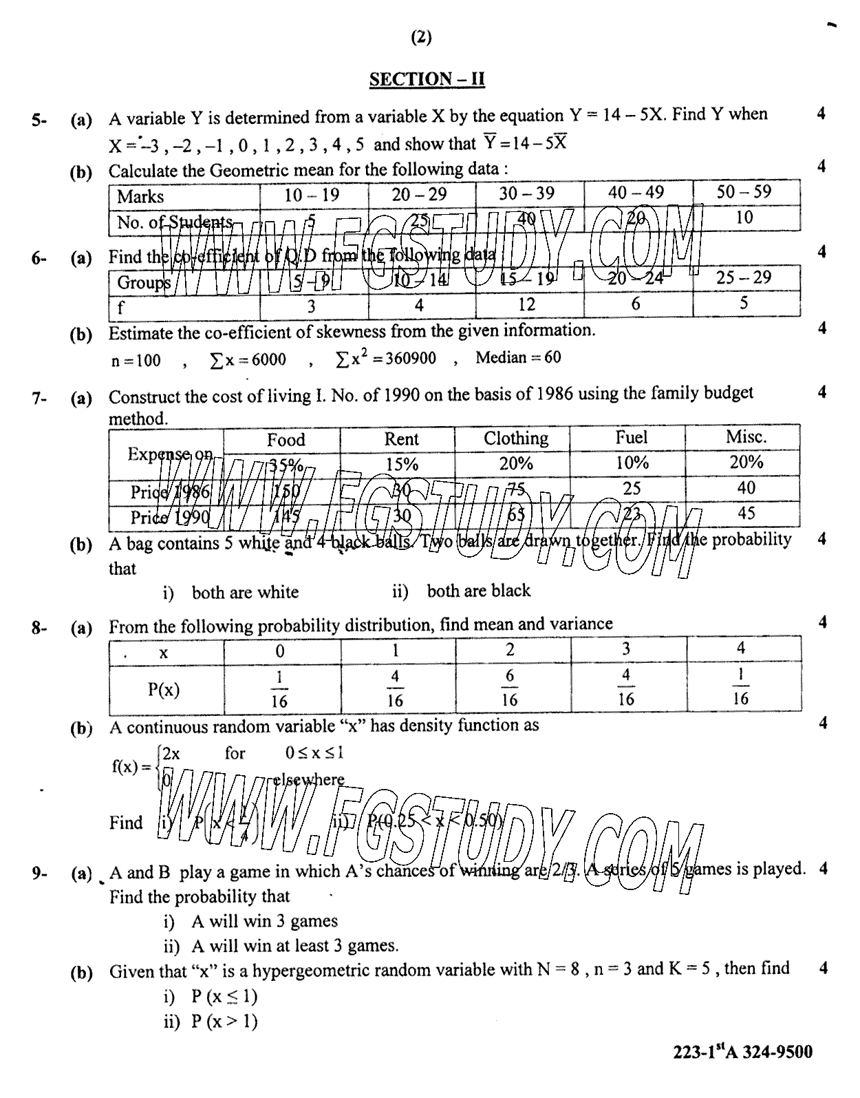 11th Class Statistics Past Paper 2024 Gujranwala Board Subjective