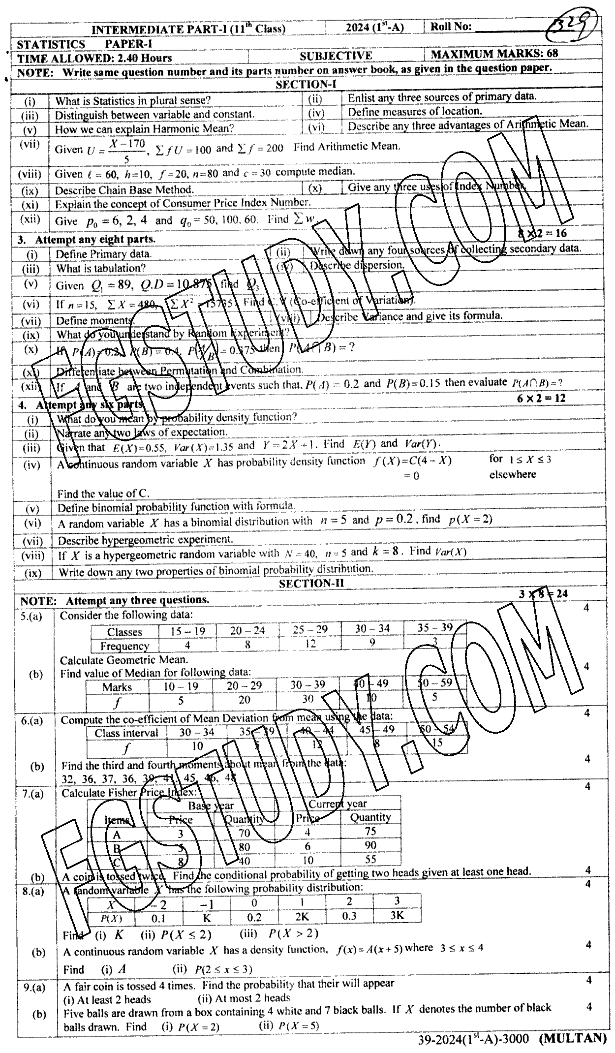 11th Class Statistics Past Paper 2024 Multan Board Subjective
