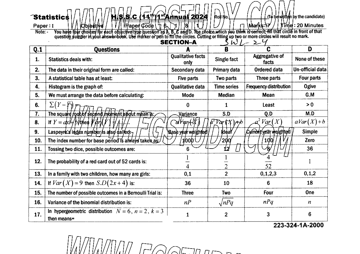 11th Class Statistics Past Paper 2024 Sahiwal Board Objective