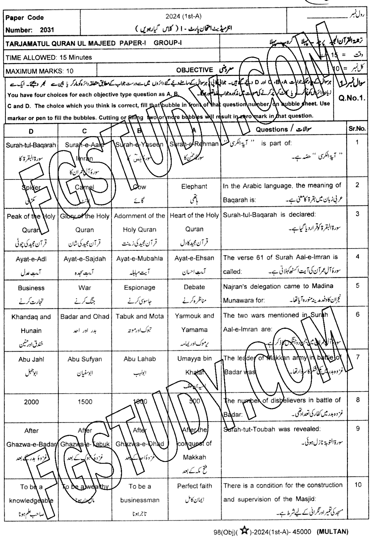 11th Class Tarjama Tul Quran Ul Majeed Past Paper 2024 Multan Board Group 1 Objective