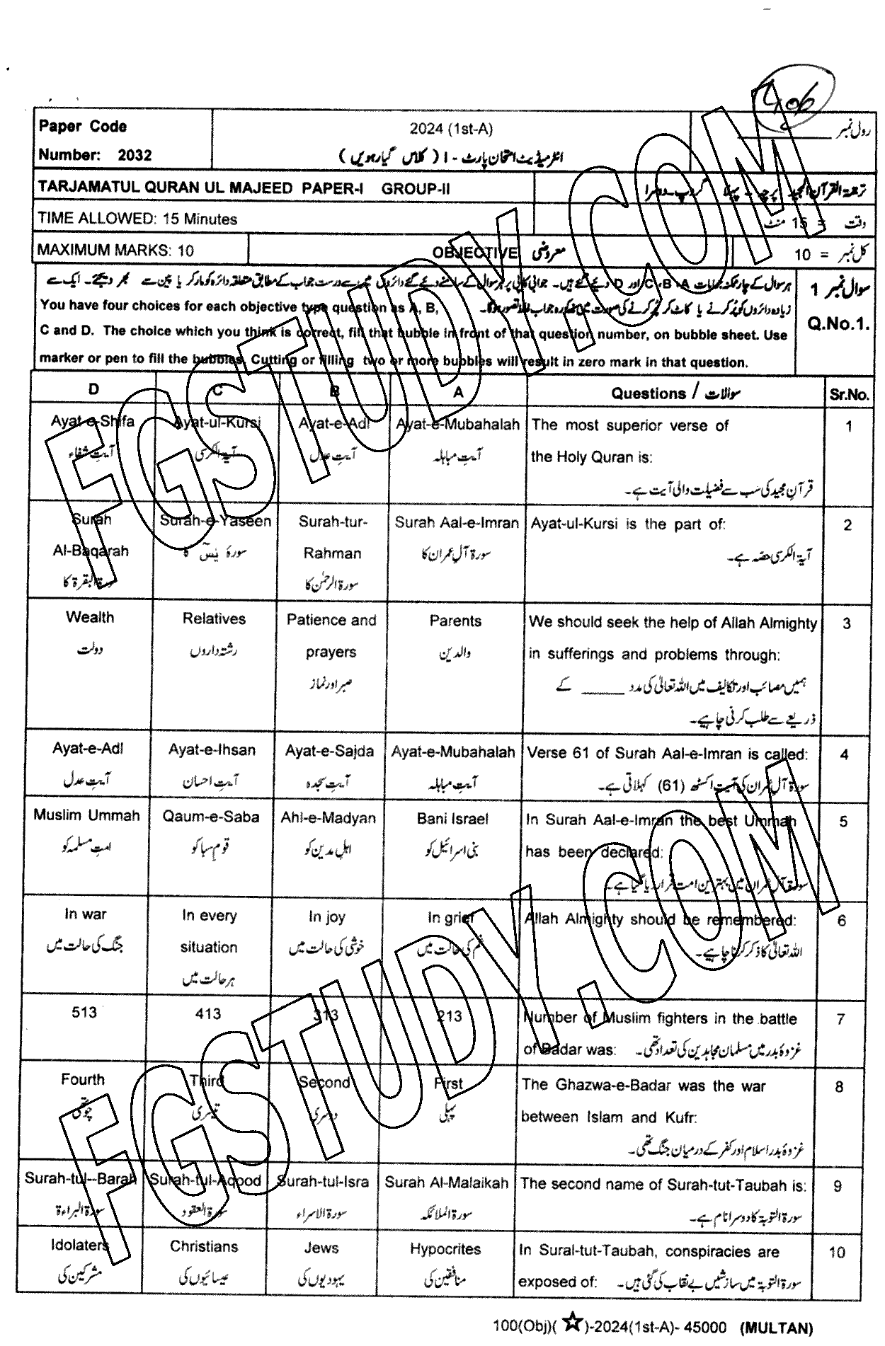 11th Class Tarjama Tul Quran Ul Majeed Past Paper 2024 Multan Board Group 2 Objective