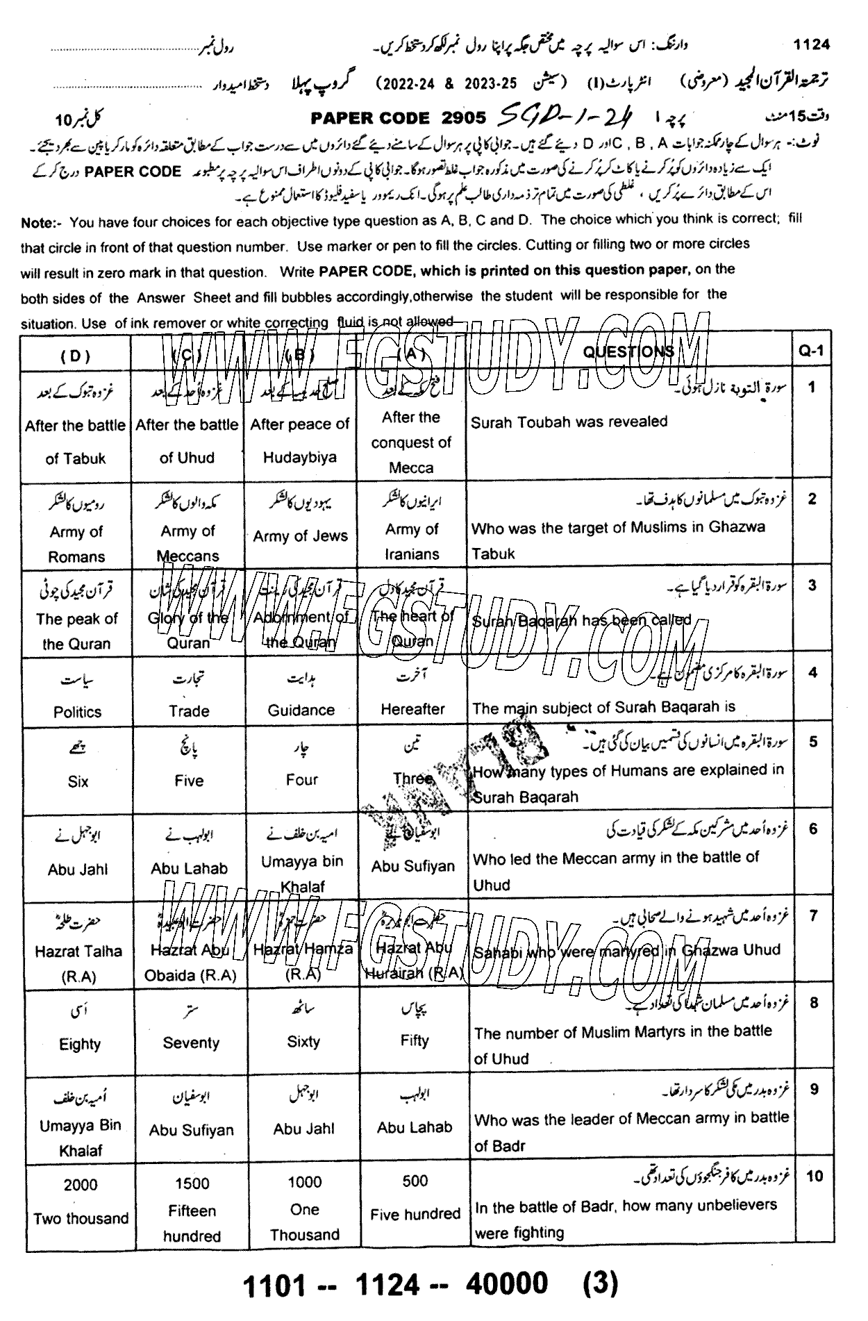 11th Class Tarjama Tul Quran Ul Majeed Past Paper 2024 Sargodha Board Group 1 Objective