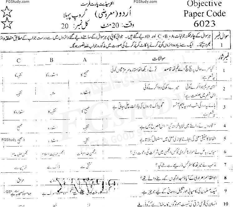 11th Class Urdu Past Paper 2019 Faisalabad Board Group 1 Objective