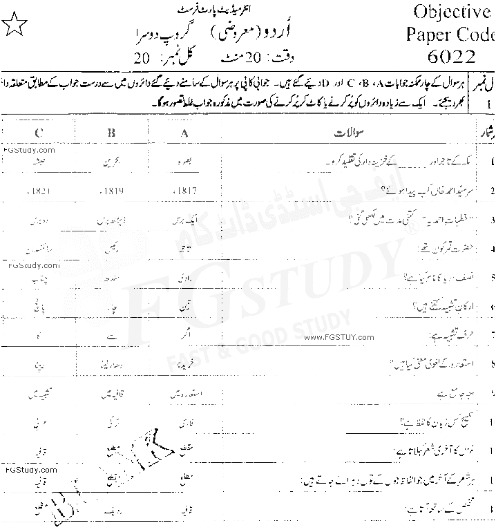 11th Class Urdu Past Paper 2019 Faisalabad Board Group 2 Objective