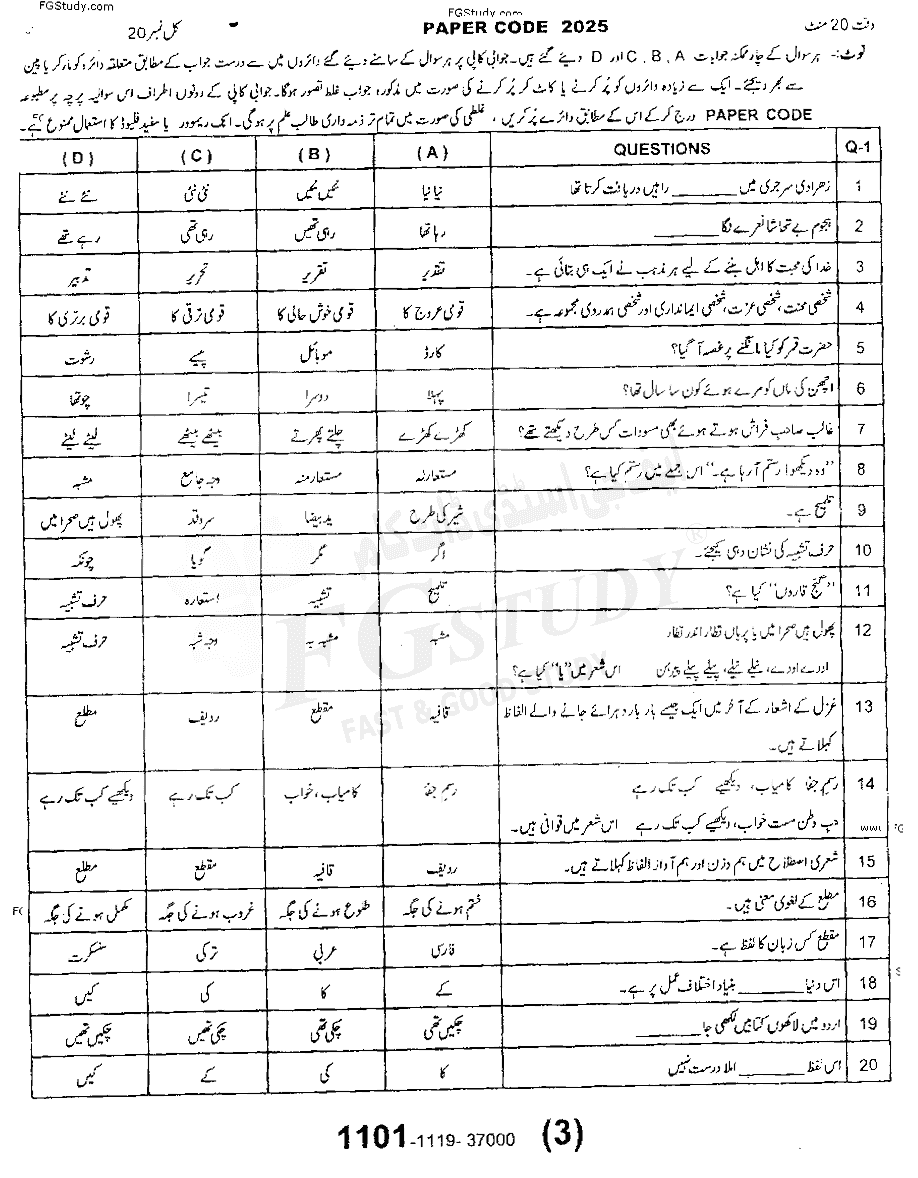 11th Class Urdu Past Paper 2019 Sargodha Board Group 1 Objective