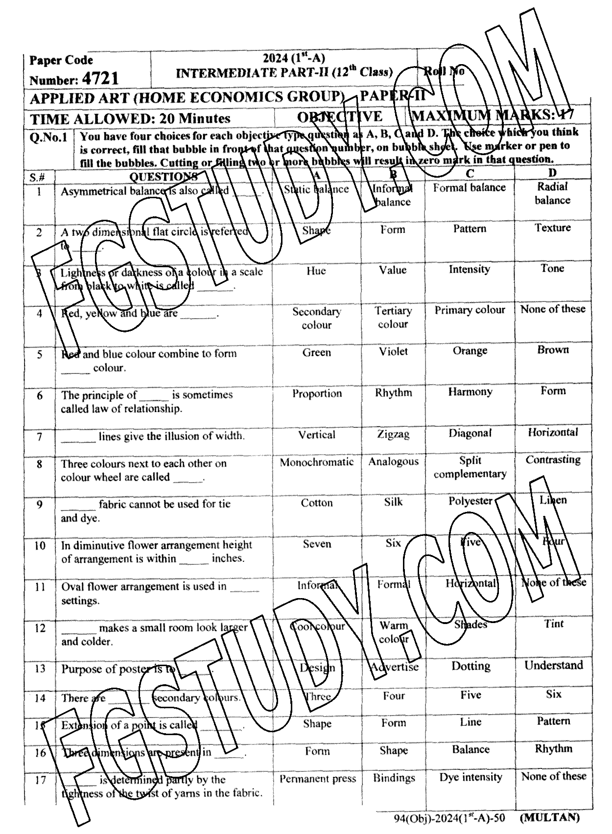 12th Class Applied Art Past Paper 2024 Multan Board Objective