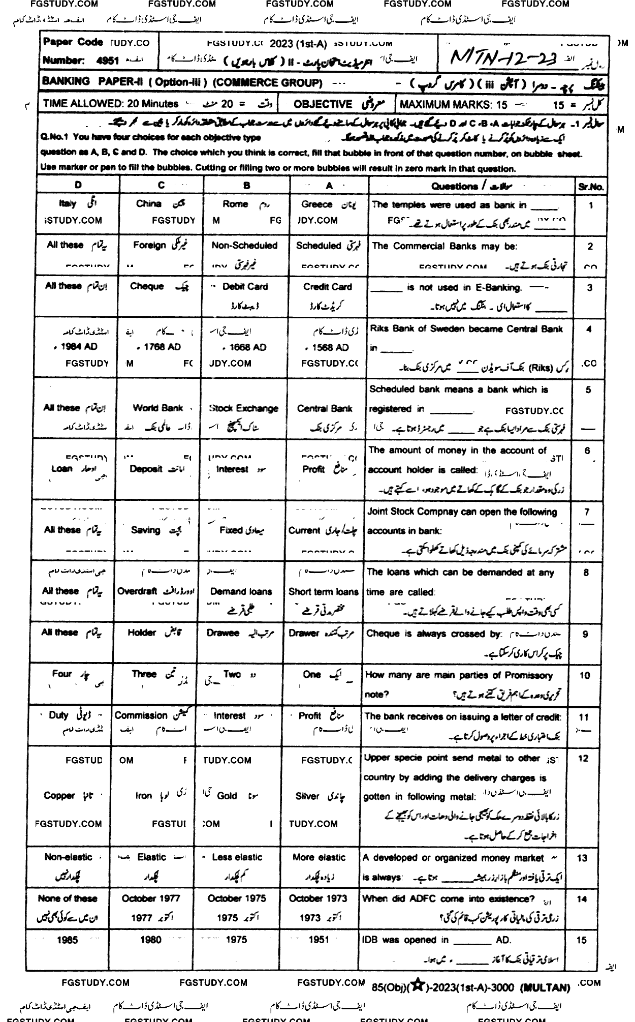 12th Class Banking Past Paper 2023 Multan Board Objective