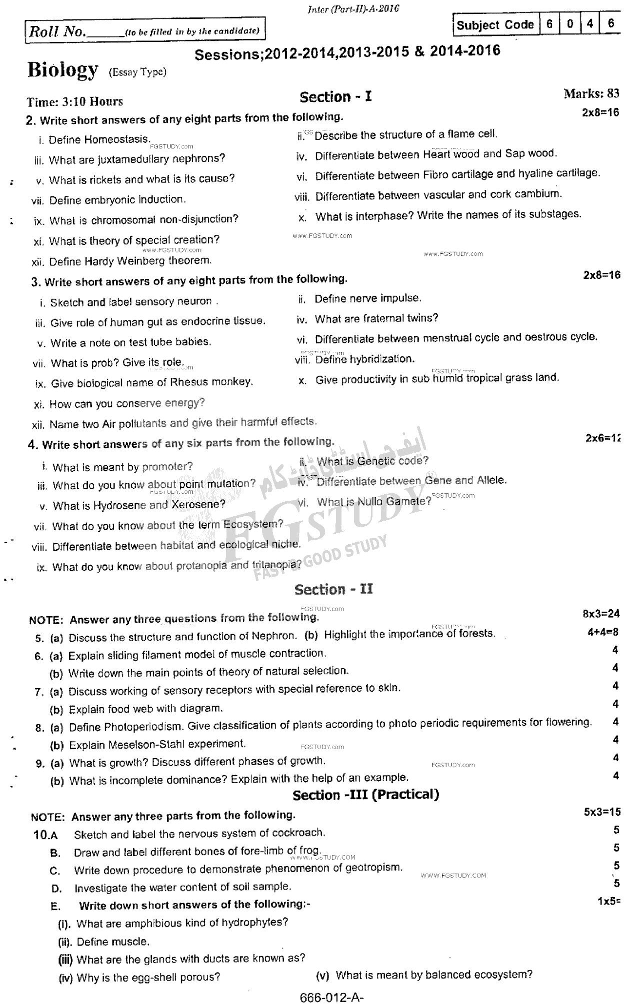 12th Class Biology Past Paper 2016 Rawalpindi Board Subjective