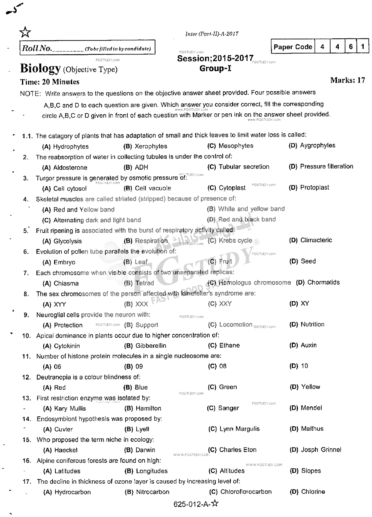 12th Class Biology Past Paper 2017 Rawalpindi Board Group 1 Objective