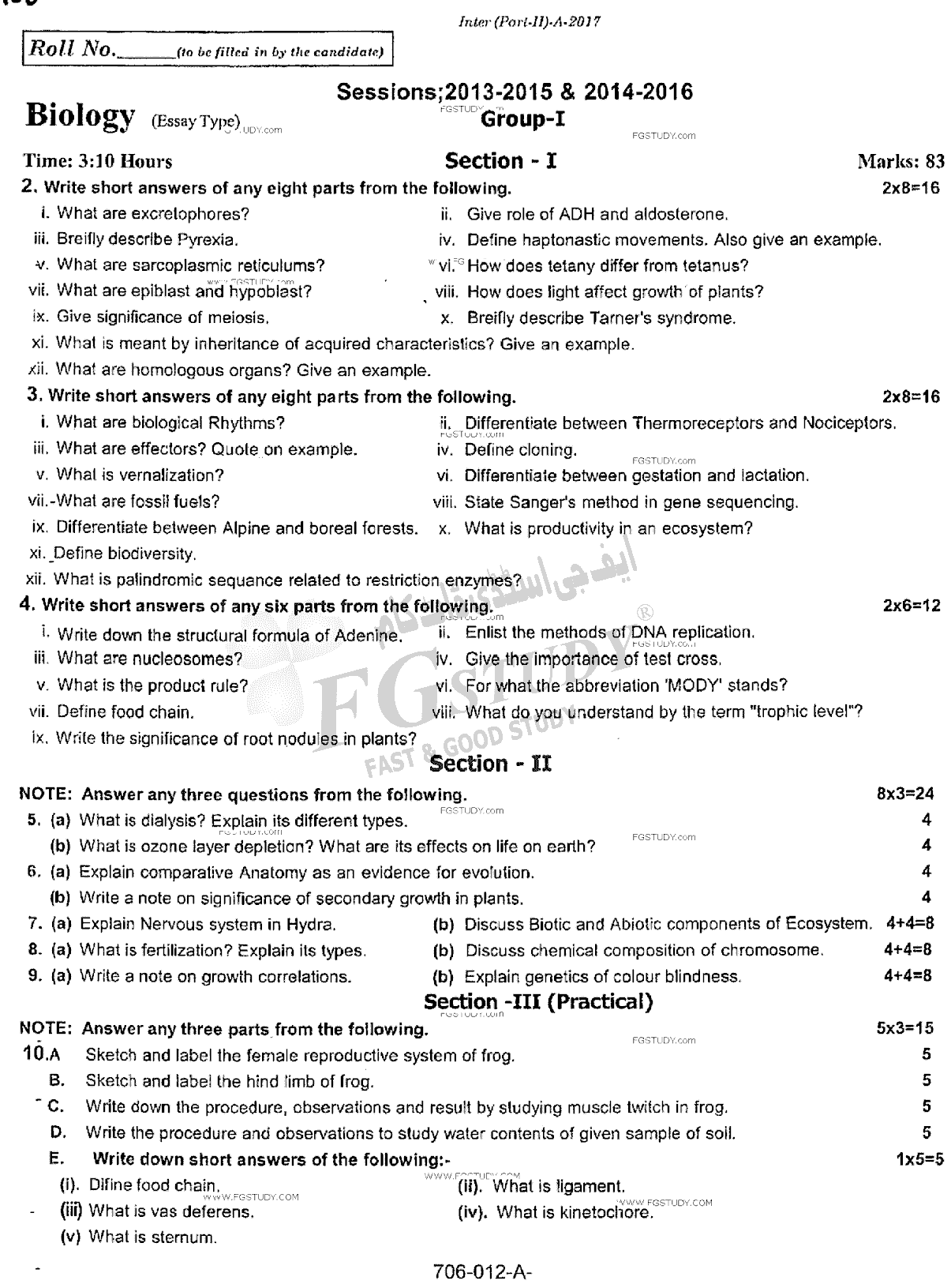 12th Class Biology Past Paper 2017 Rawalpindi Board Group 1 Subjective
