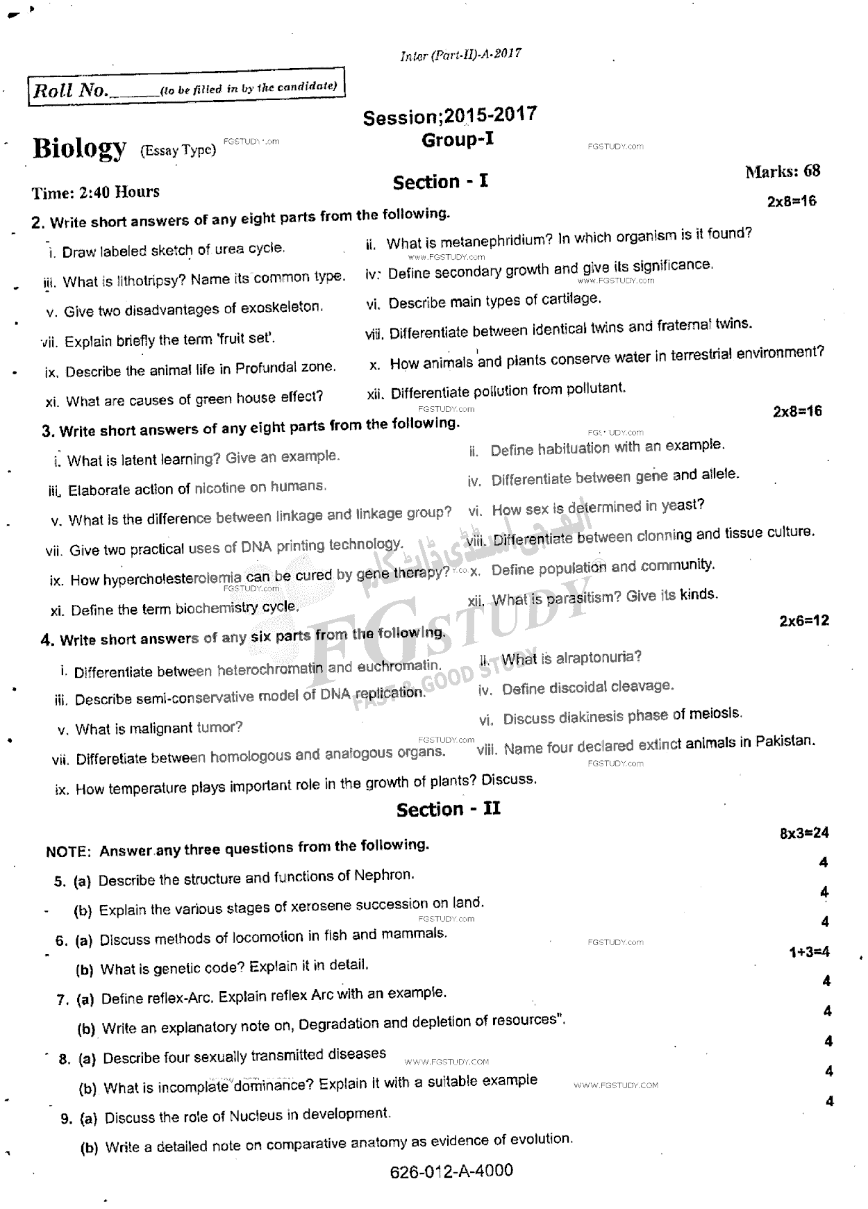 12th Class Biology Past Paper 2017 Rawalpindi Board Group 1 Subjective