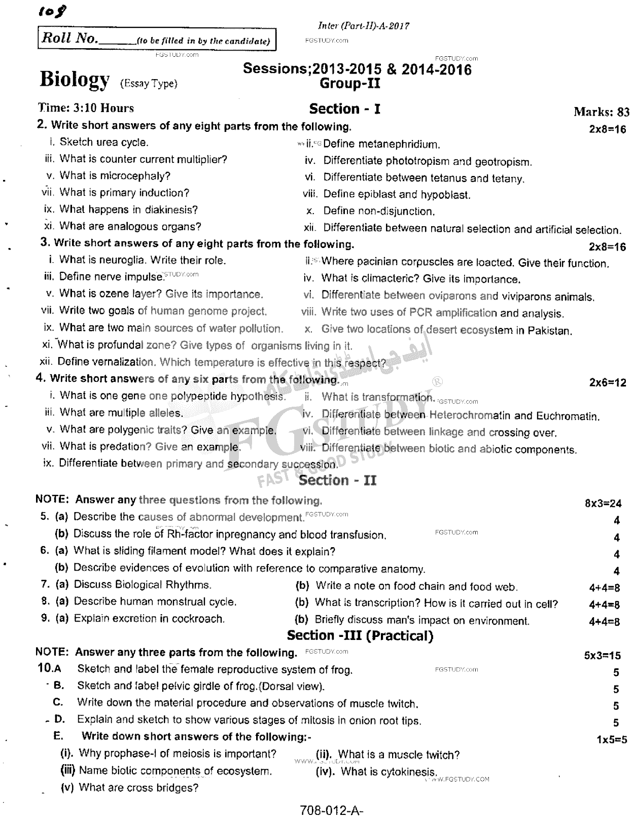 12th Class Biology Past Paper 2017 Rawalpindi Board Group 2 Subjective