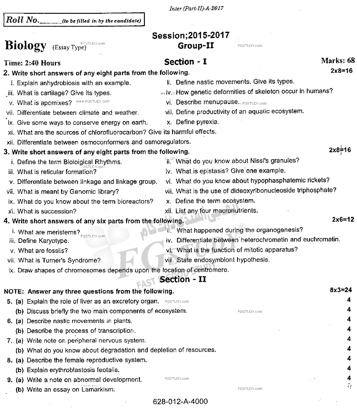 12th Class Biology Past Paper 2017 Rawalpindi Board Group 2 Subjective