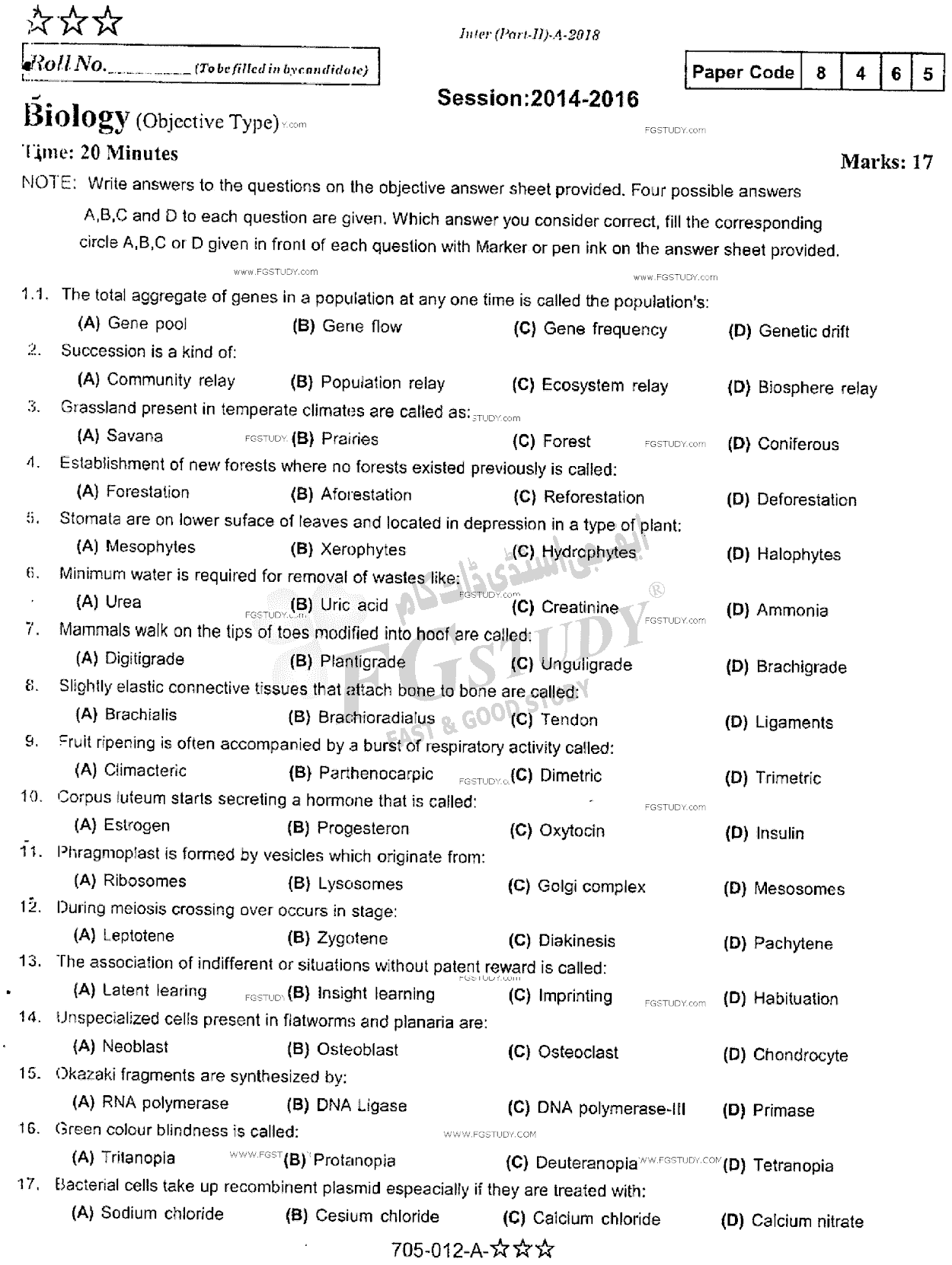 12th Class Biology Past Paper 2018 Rawalpindi Board Objective