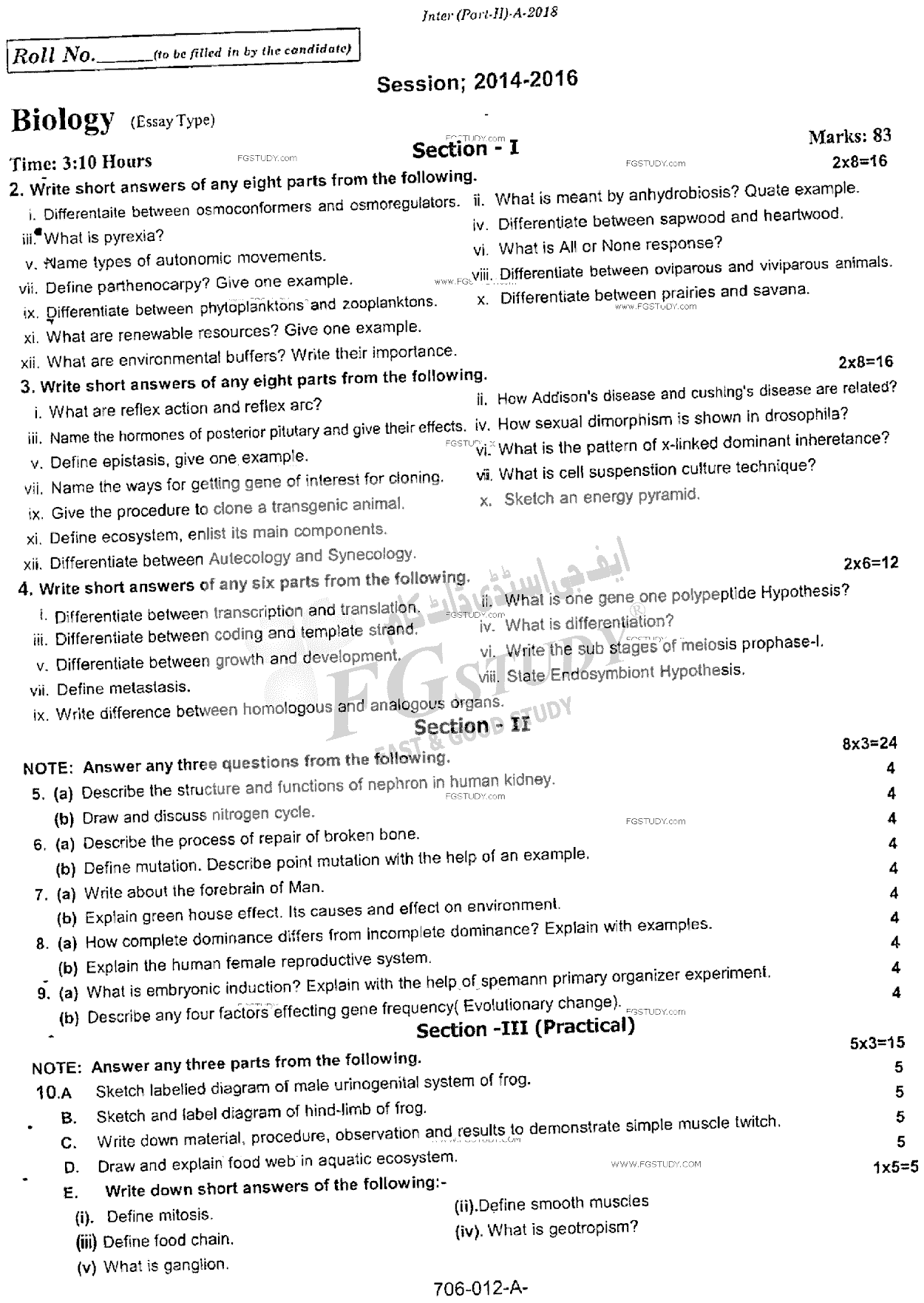 12th Class Biology Past Paper 2018 Rawalpindi Board Subjective