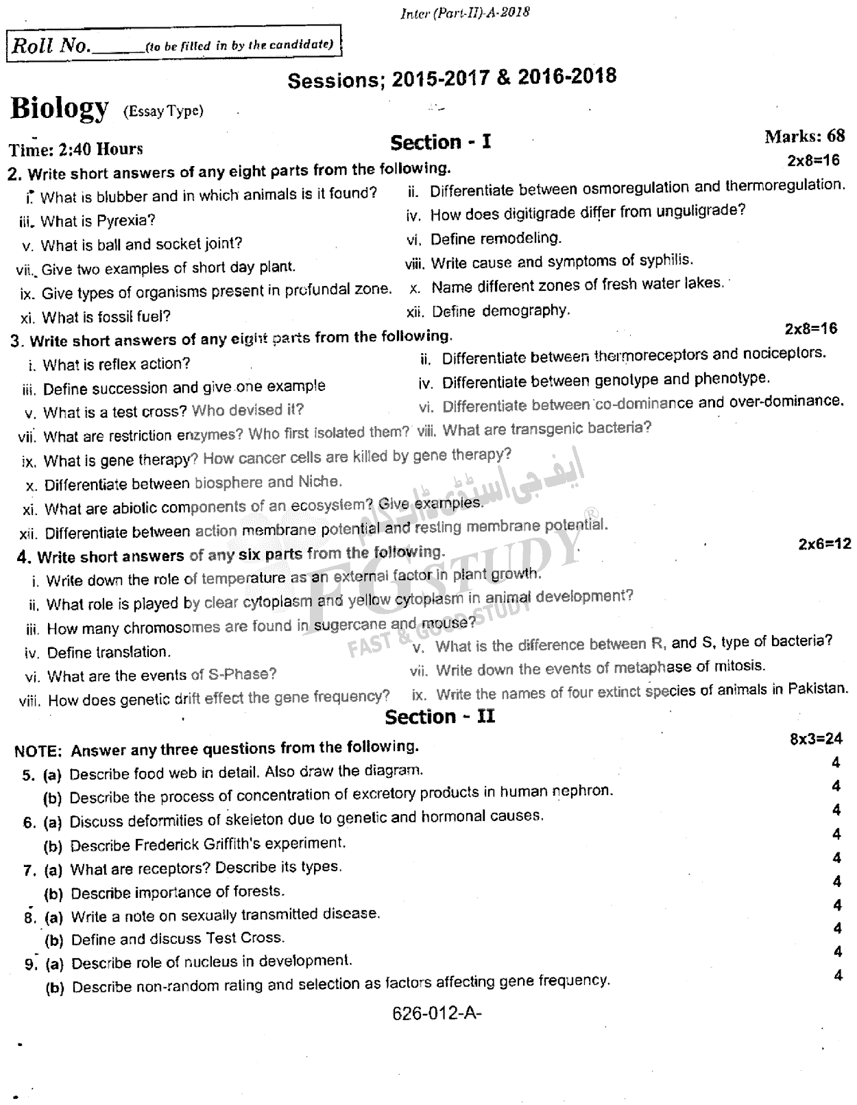 12th Class Biology Past Paper 2018 Rawalpindi Board Subjective