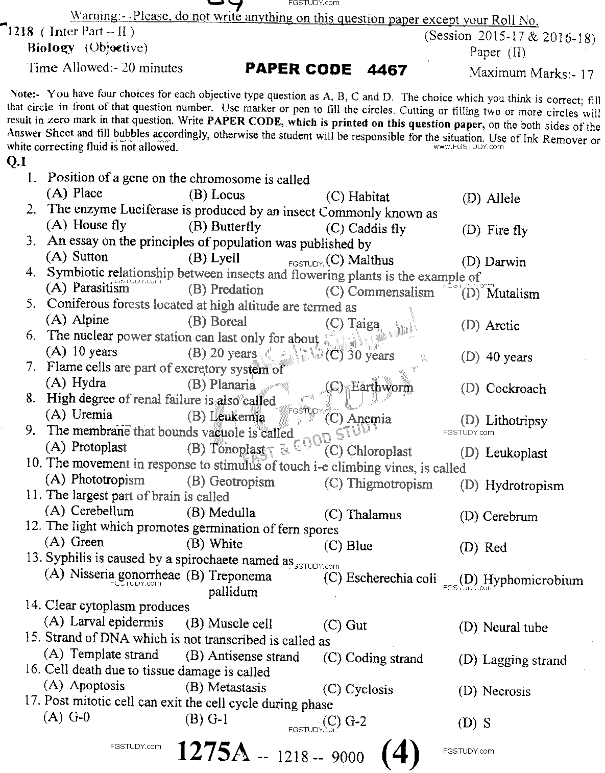 12th Class Biology Past Paper 2018 Sargodha Board Objective