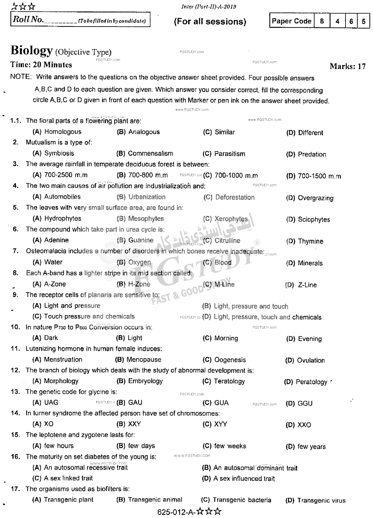 12th Class Biology Past Paper 2019 Rawalpindi Board Objective