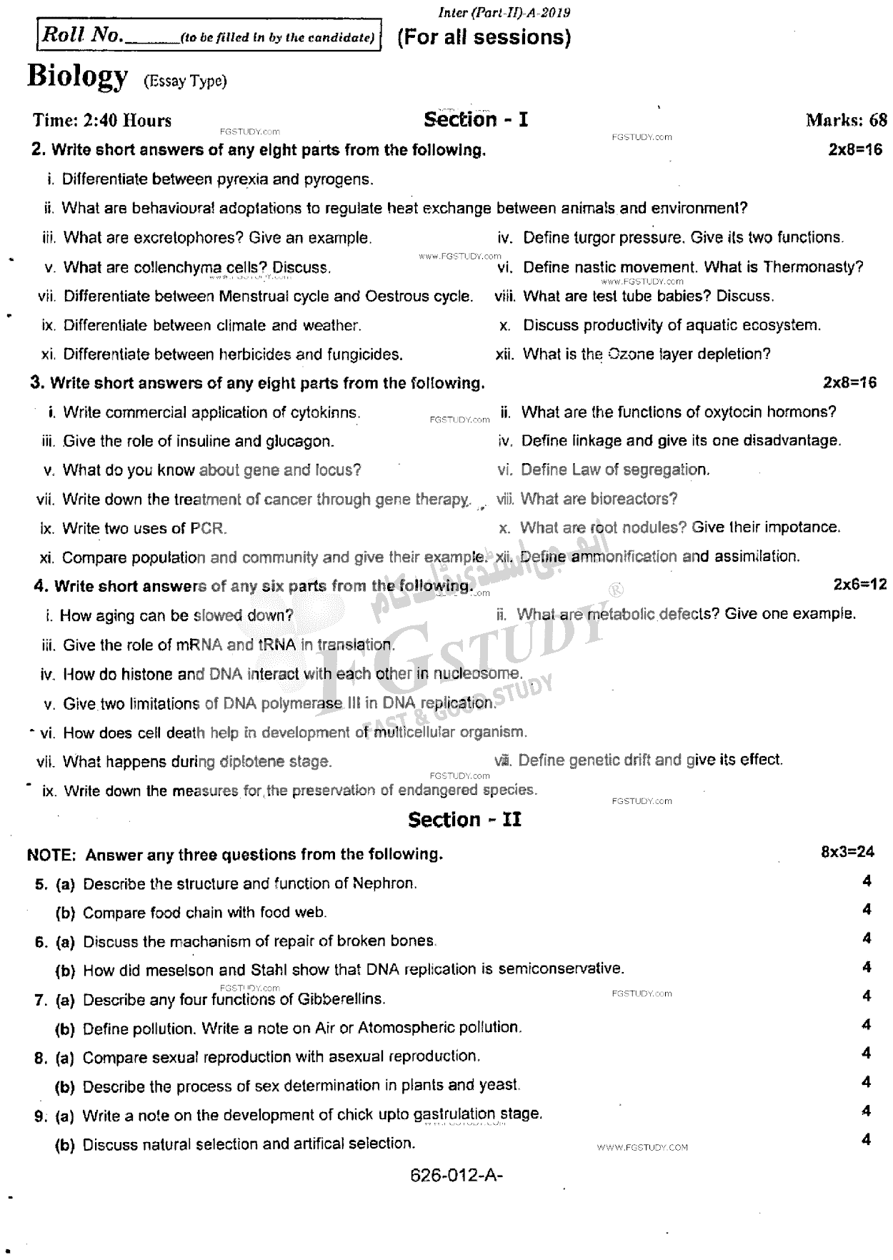 12th Class Biology Past Paper 2019 Rawalpindi Board Subjective