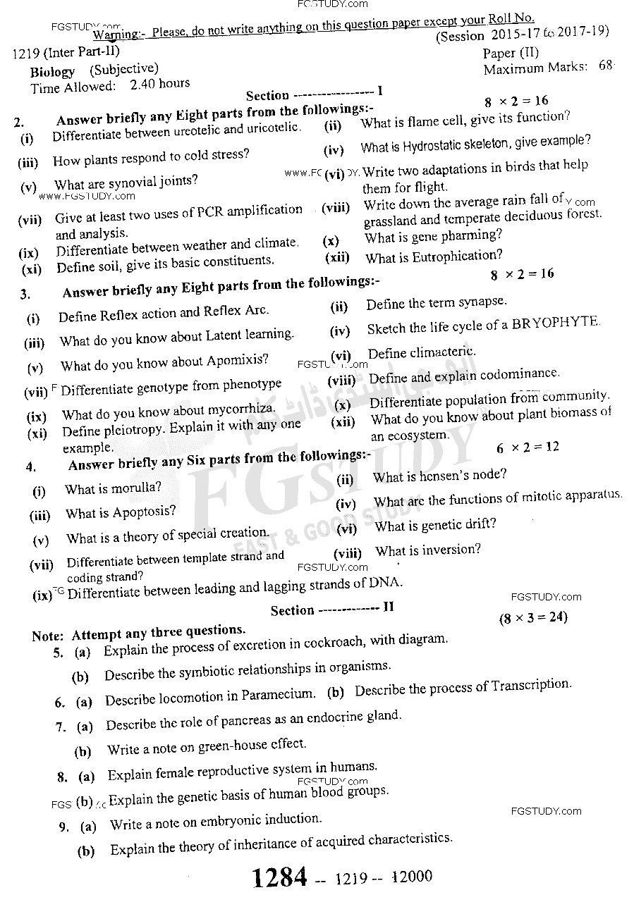 12th Class Biology Past Paper 2019 Sargodha Board Subjective