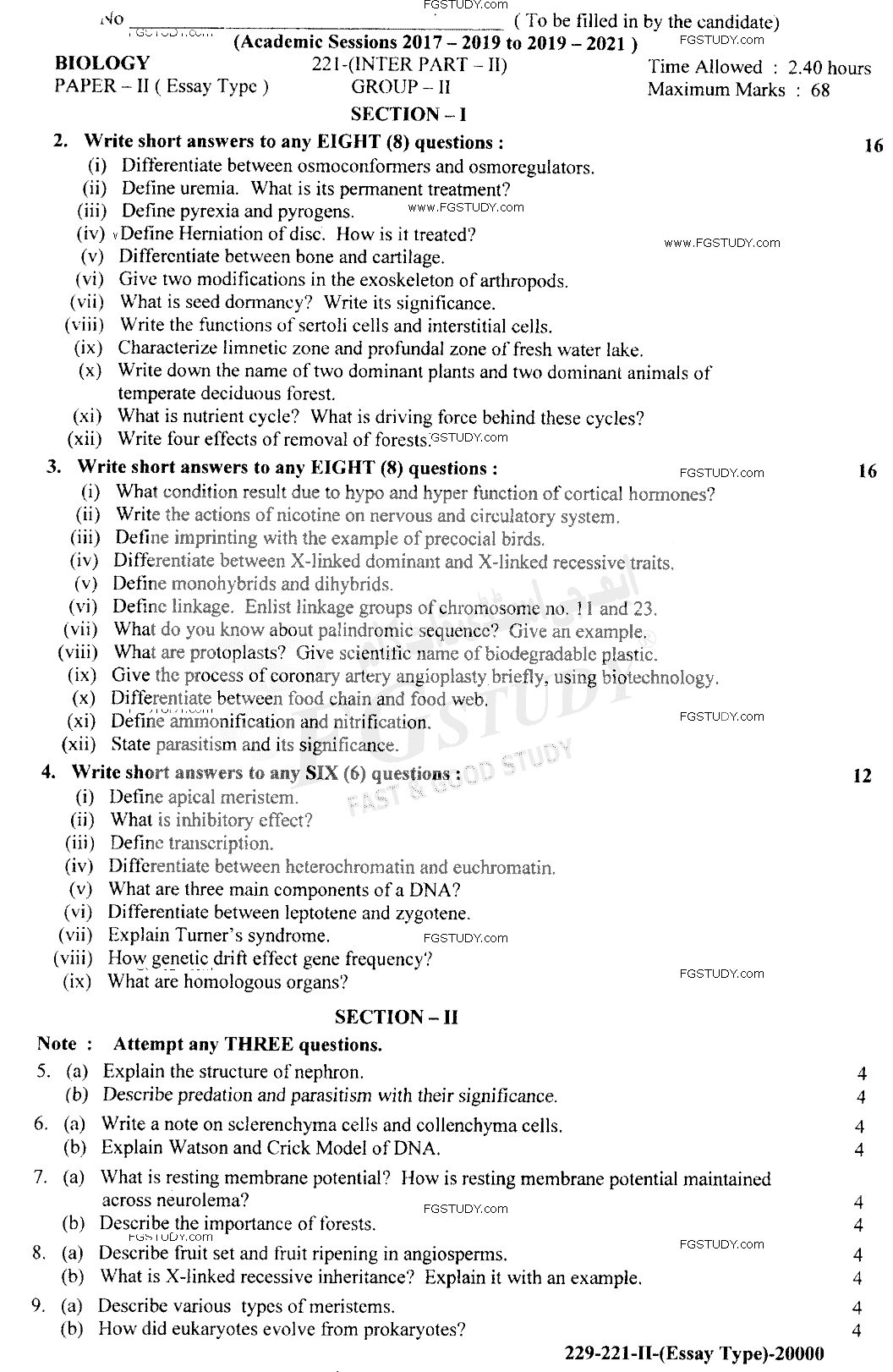 12th Class Biology Past Paper 2021 Lahore Board Group 2 Subjective