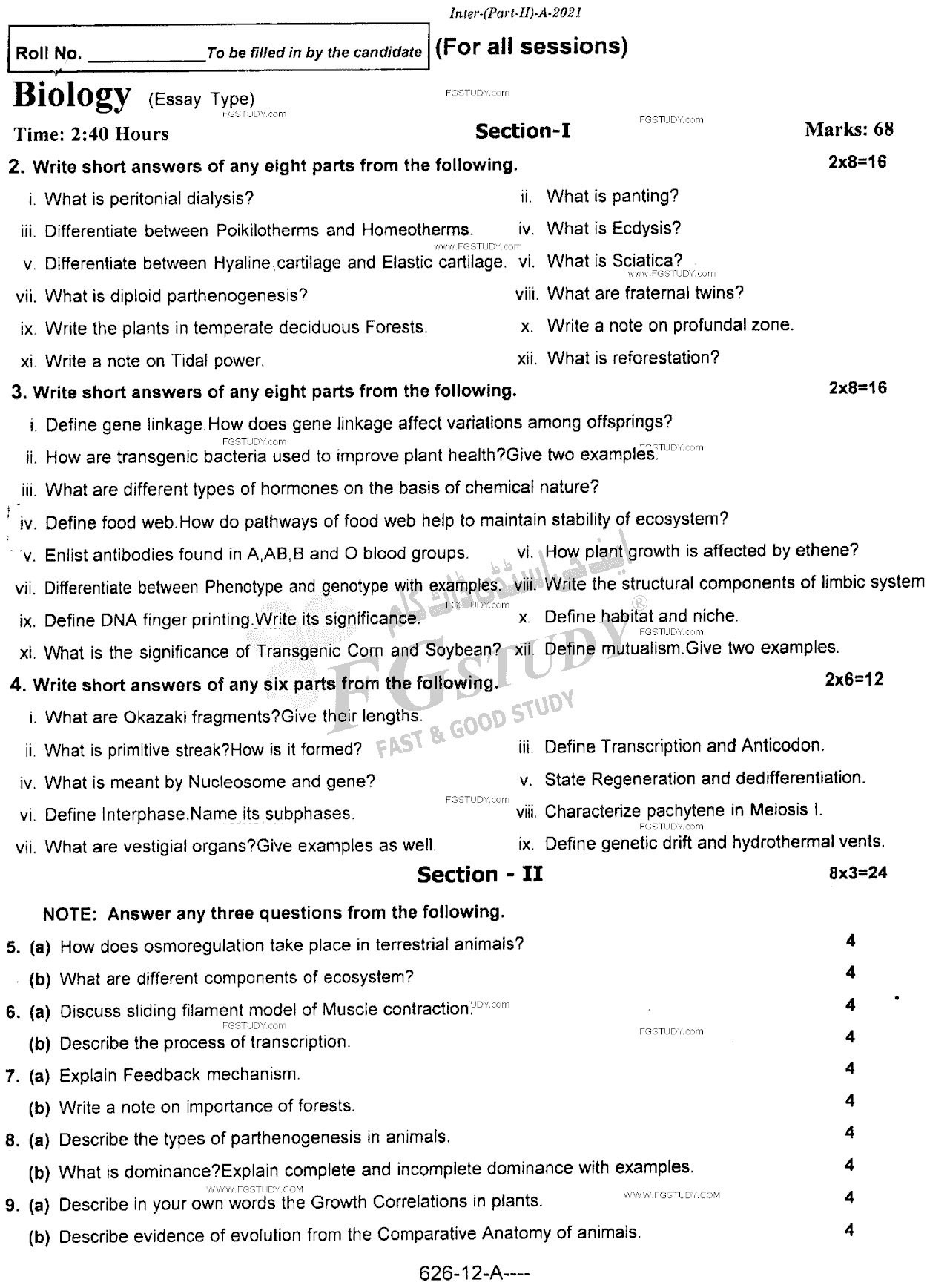 12th Class Biology Past Paper 2021 Rawalpindi Board Subjective