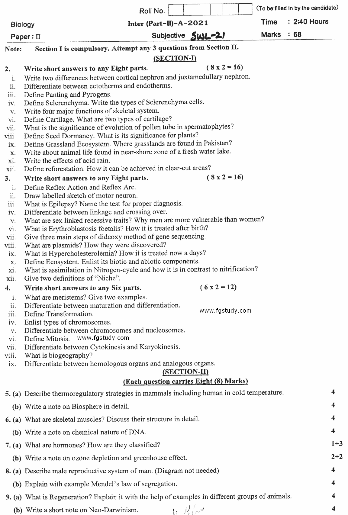 12th Class Biology Past Paper 2021 Sahiwal Board Subjective